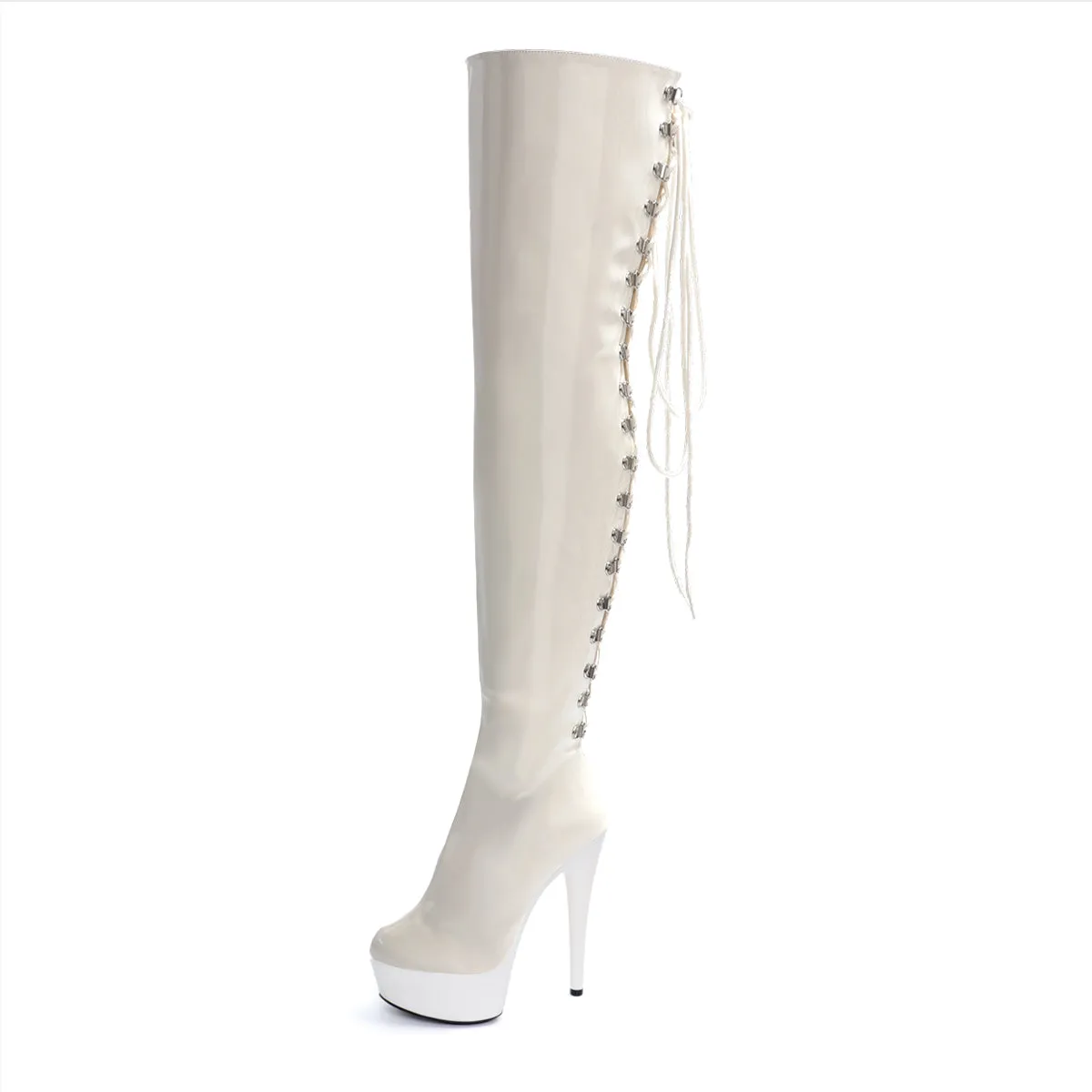 6 Inch Stripper Heels Red Hollow Lace Up High Models Over The Knee Boots 15CM Party Thick Sexy Pole Dancing Shoes Big Size Women