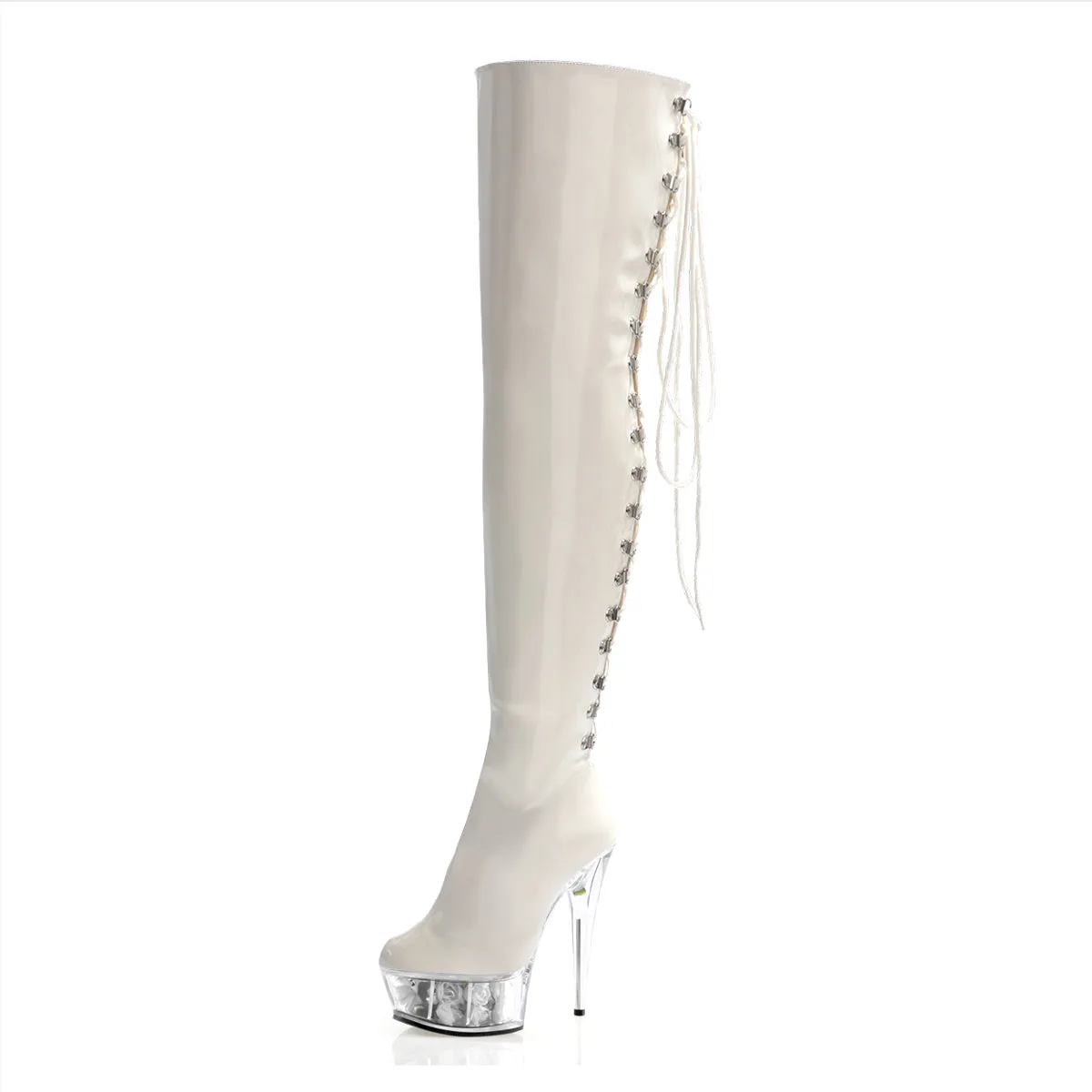 6 Inch Stripper Heels Red Hollow Lace Up High Models Over The Knee Boots 15CM Party Thick Sexy Pole Dancing Shoes Big Size Women