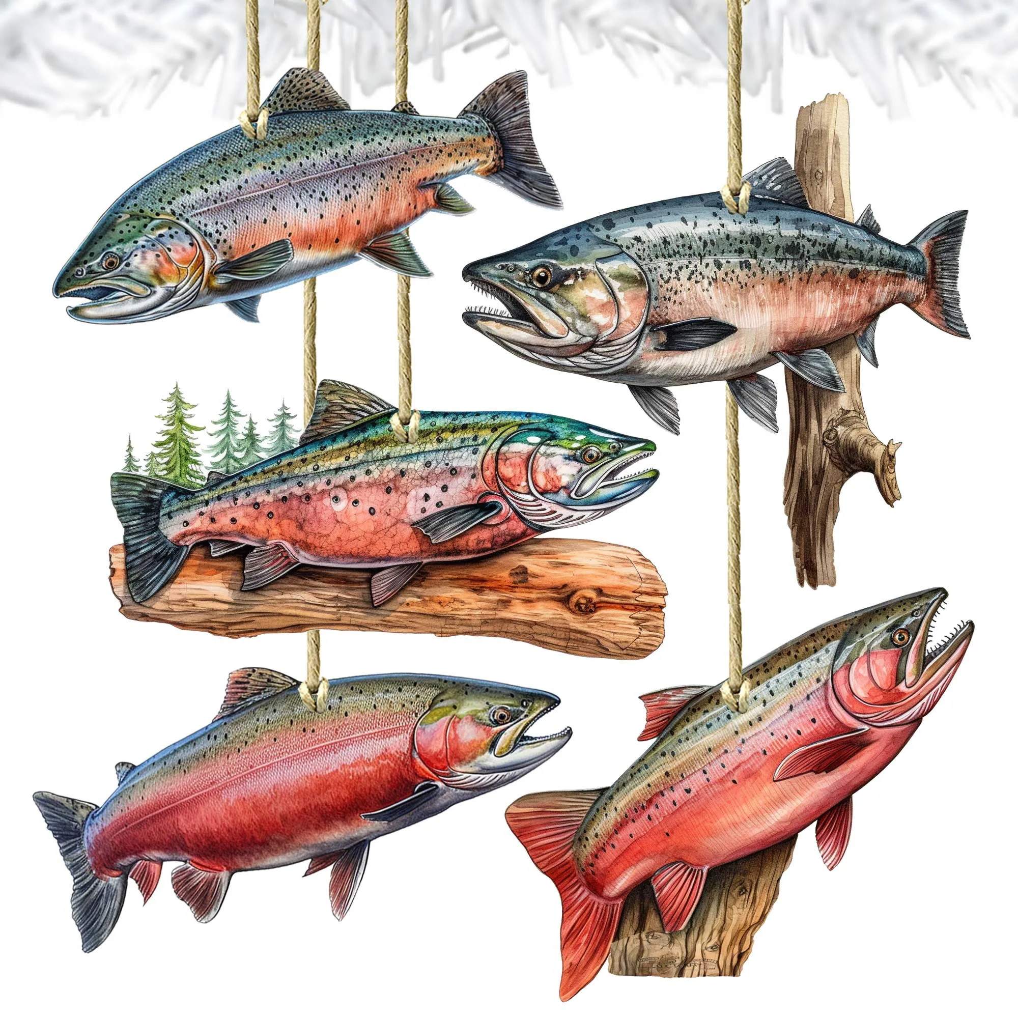 Alaskan Salmon Wooden Ornaments Set of 5 by G. Debrekht - Wildlife Holiday Décor - 8091322S5