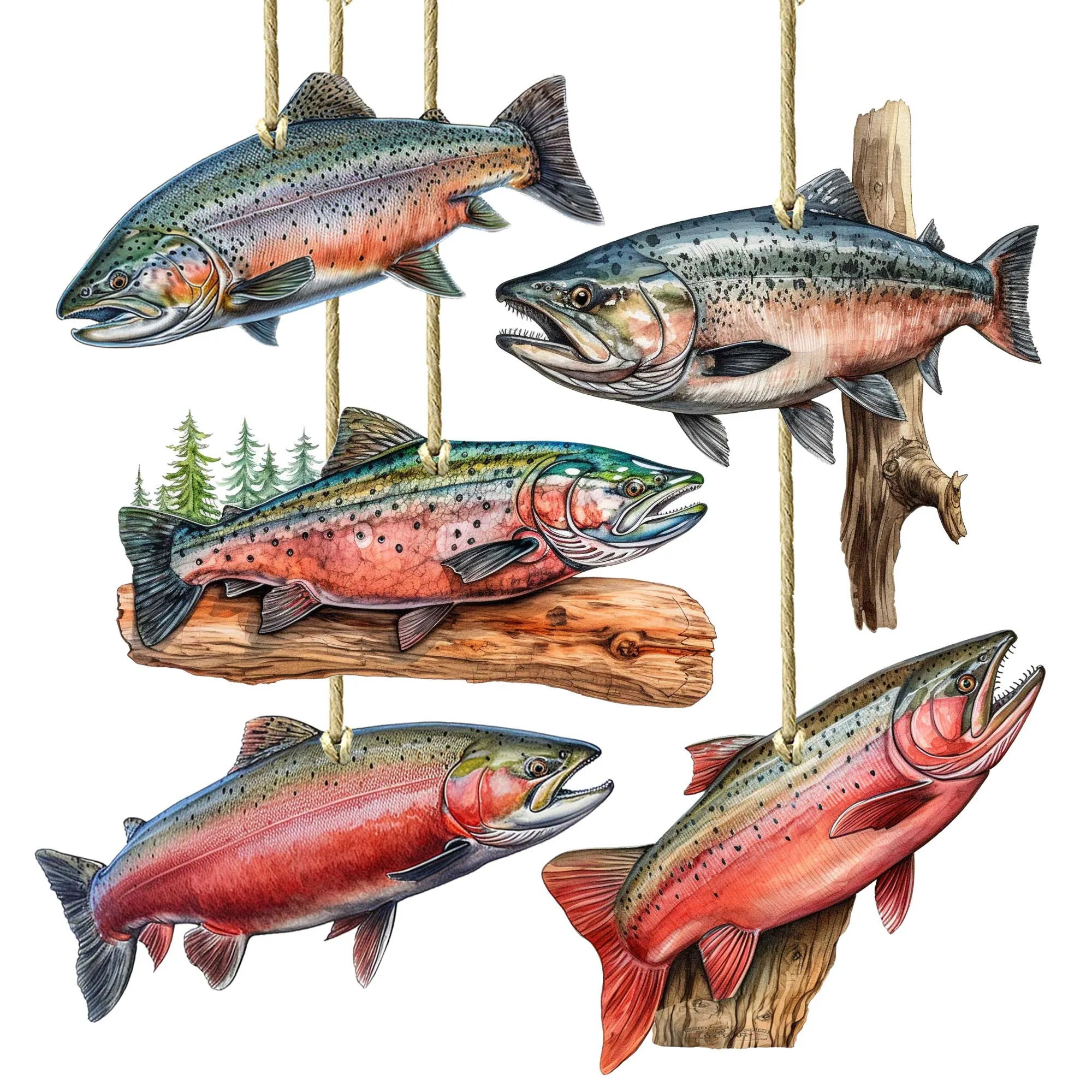 Alaskan Salmon Wooden Ornaments Set of 5 by G. Debrekht - Wildlife Holiday Décor - 8091322S5