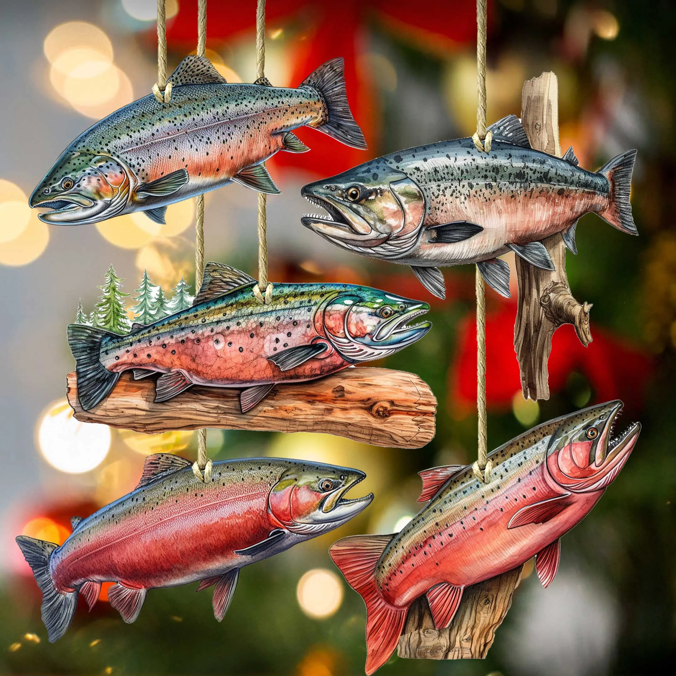 Alaskan Salmon Wooden Ornaments Set of 5 by G. Debrekht - Wildlife Holiday Décor - 8091322S5