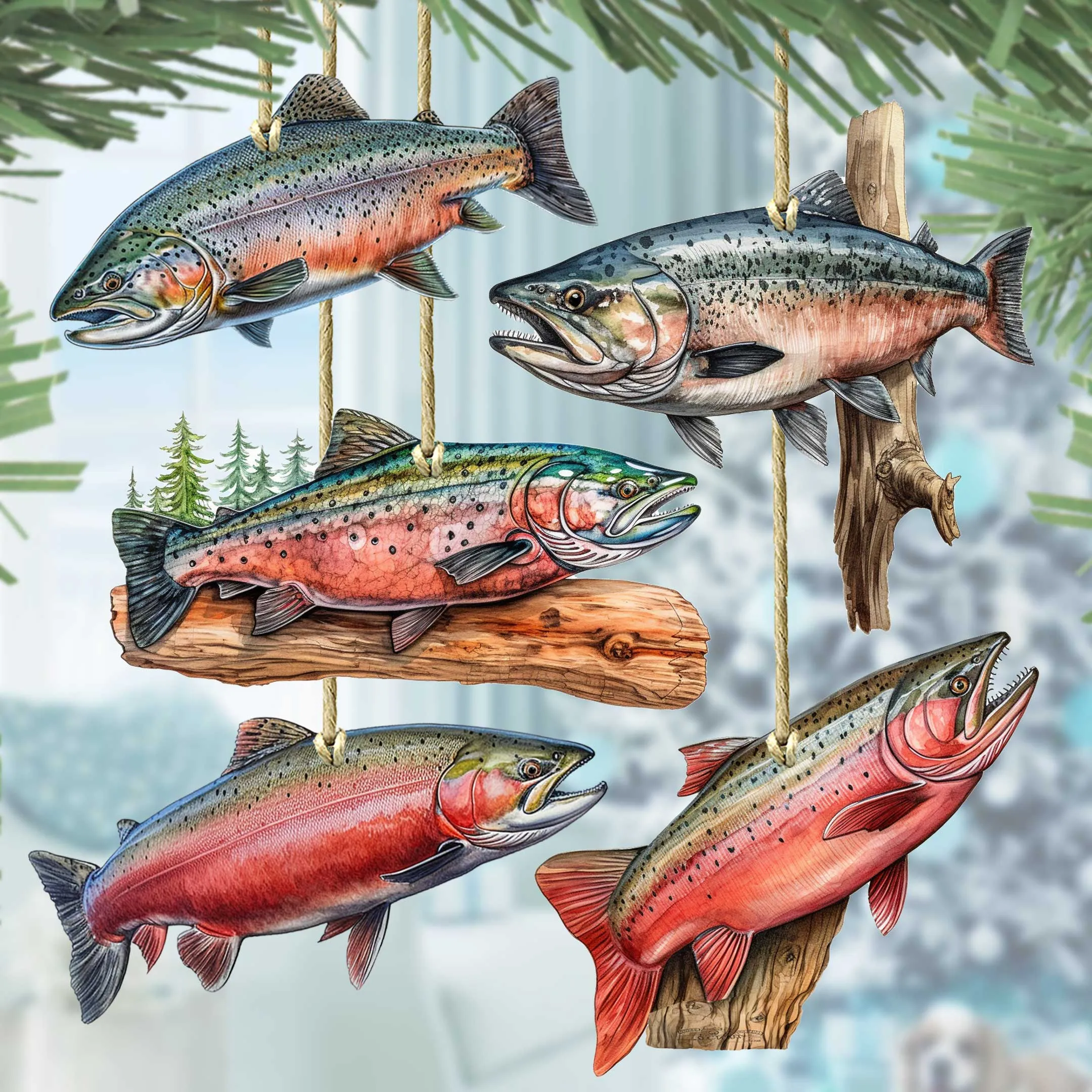 Alaskan Salmon Wooden Ornaments Set of 5 by G. Debrekht - Wildlife Holiday Décor - 8091322S5