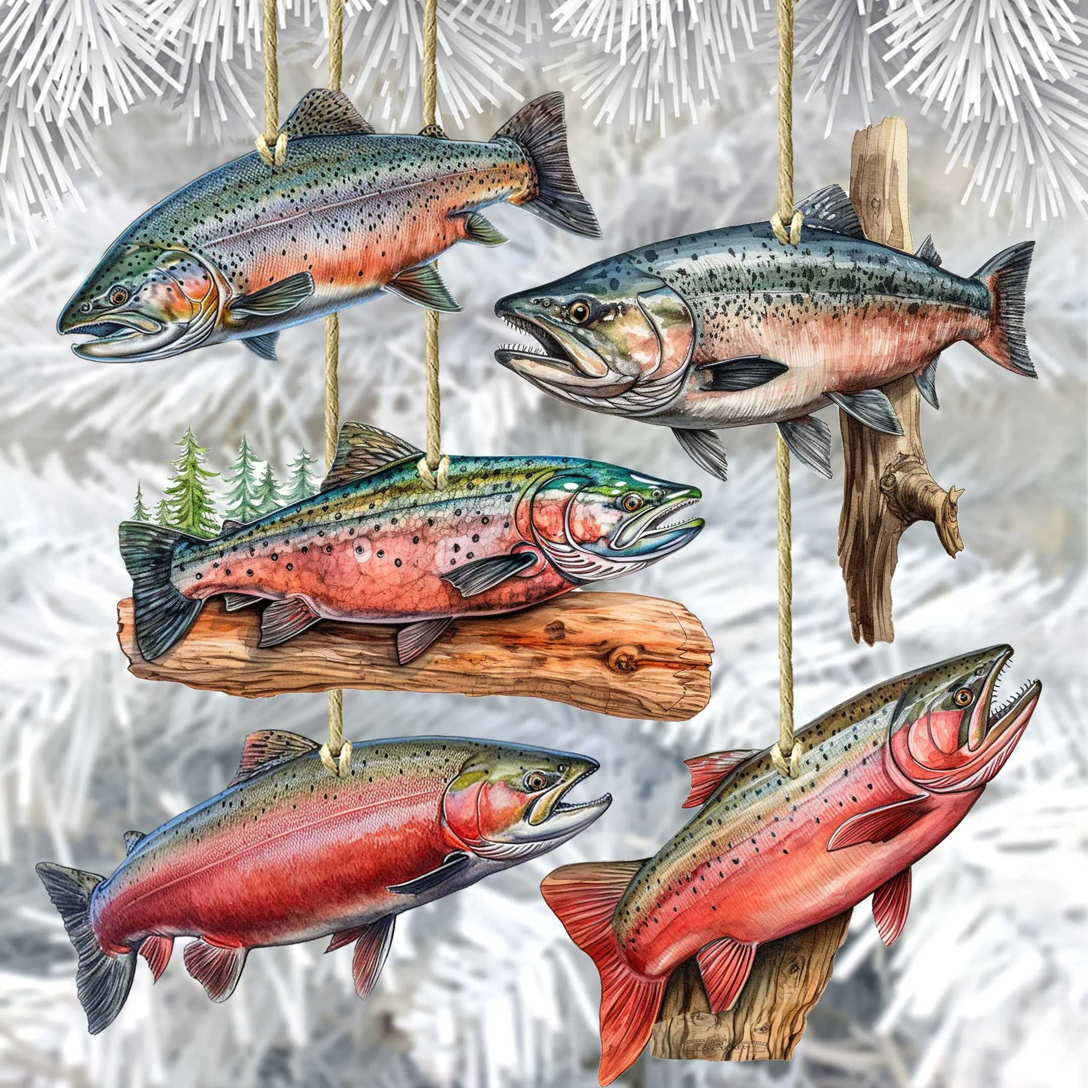 Alaskan Salmon Wooden Ornaments Set of 5 by G. Debrekht - Wildlife Holiday Décor - 8091322S5