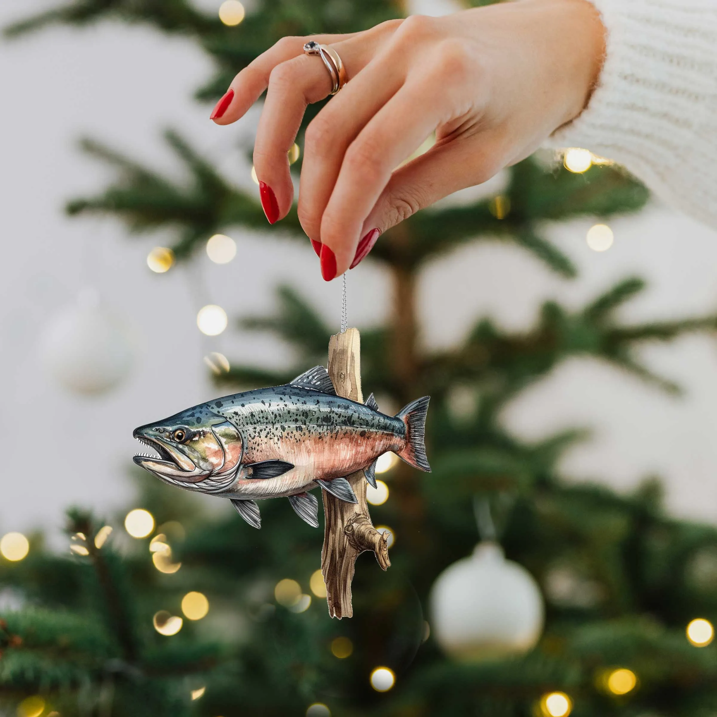 Alaskan Salmon Wooden Ornaments Set of 5 by G. Debrekht - Wildlife Holiday Décor - 8091322S5