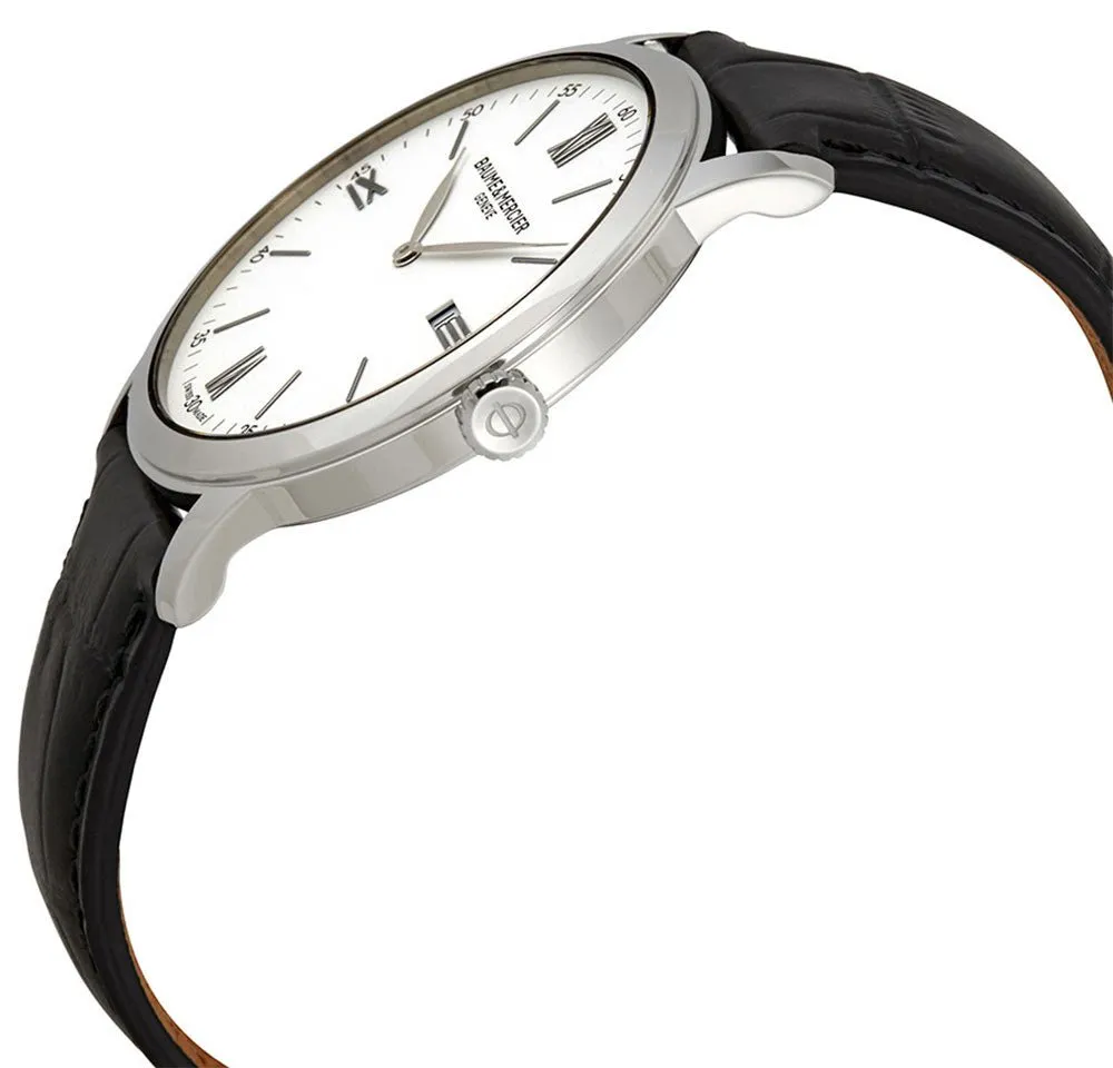 Baume & Mercier Classima White Dial Black Leather Strap Date Quartz Mens Watch M0A10414