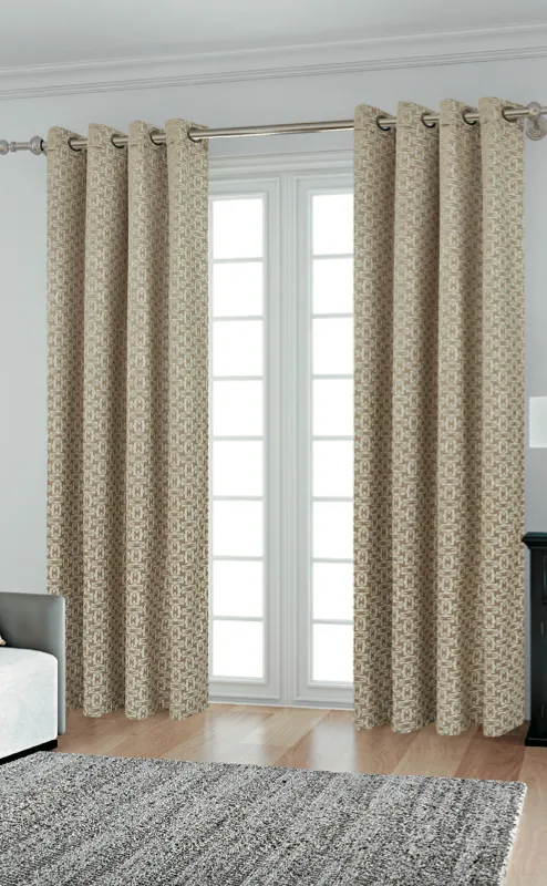 Beige 2 Piece Geometric Jacquard Curtain With Grommet (Without Lining)