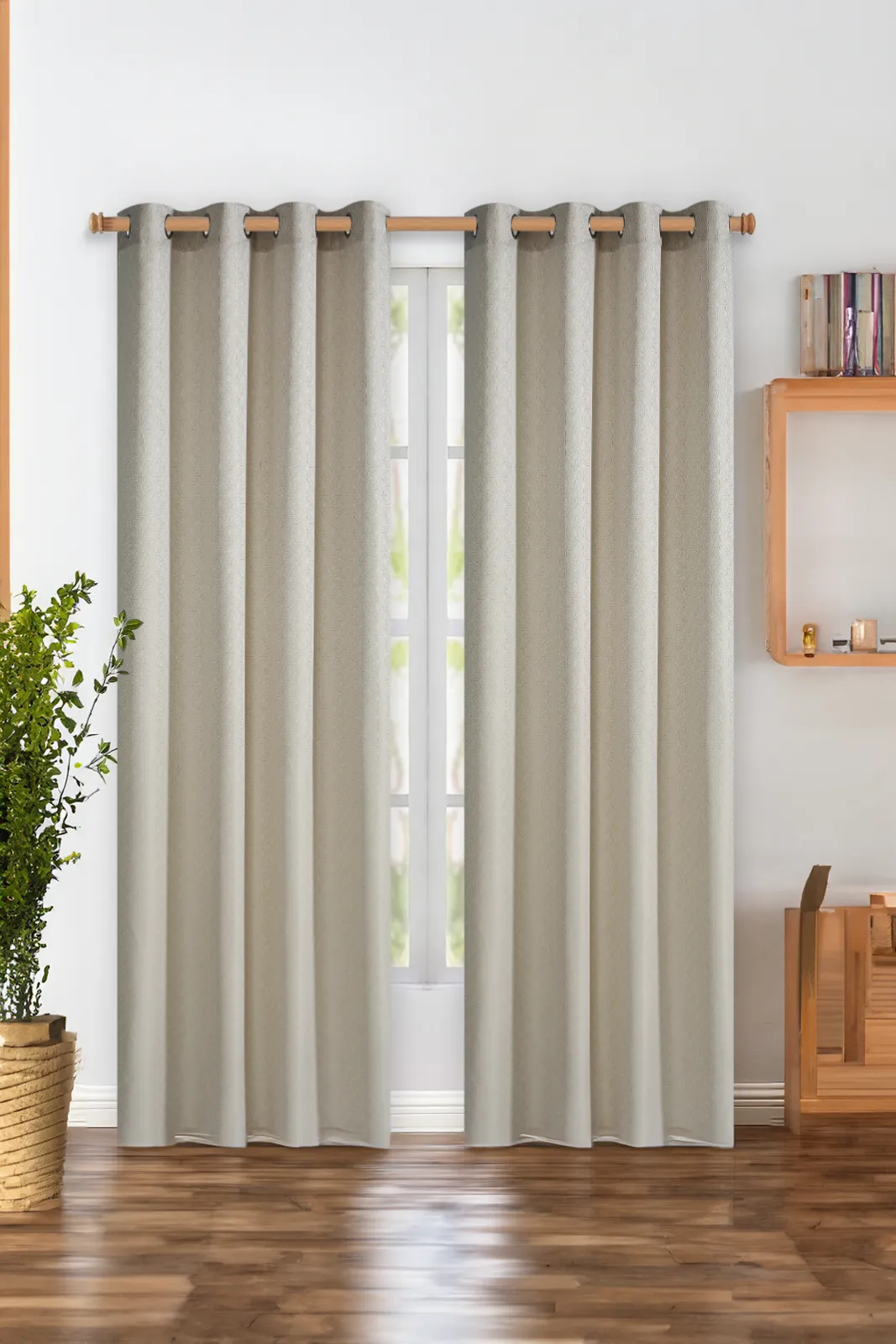 Beige 2 Piece Geometric Jacquard Curtain (With Lining)