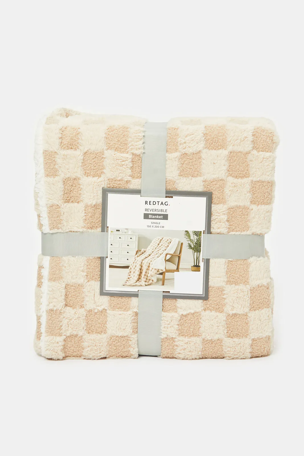 Beige And Ivory Checkered Reversible Blanket (Single Size)