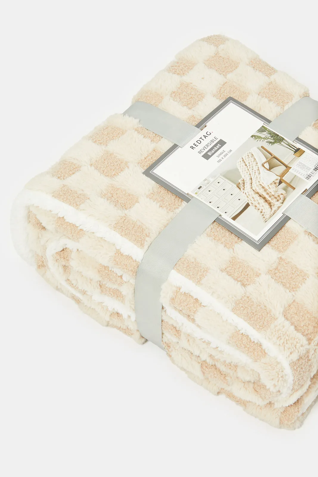 Beige And Ivory Checkered Reversible Blanket (Single Size)