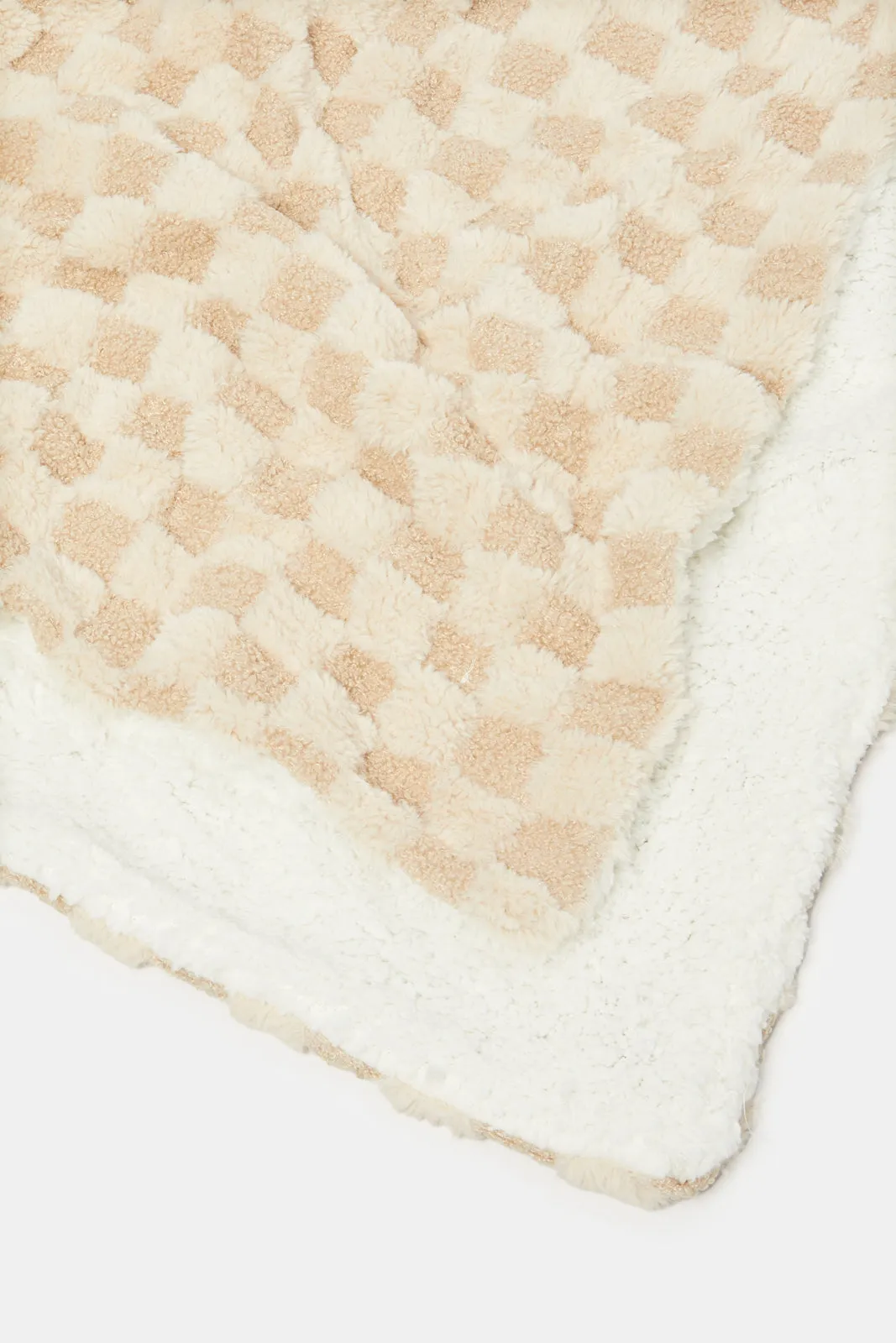 Beige And Ivory Checkered Reversible Blanket (Single Size)