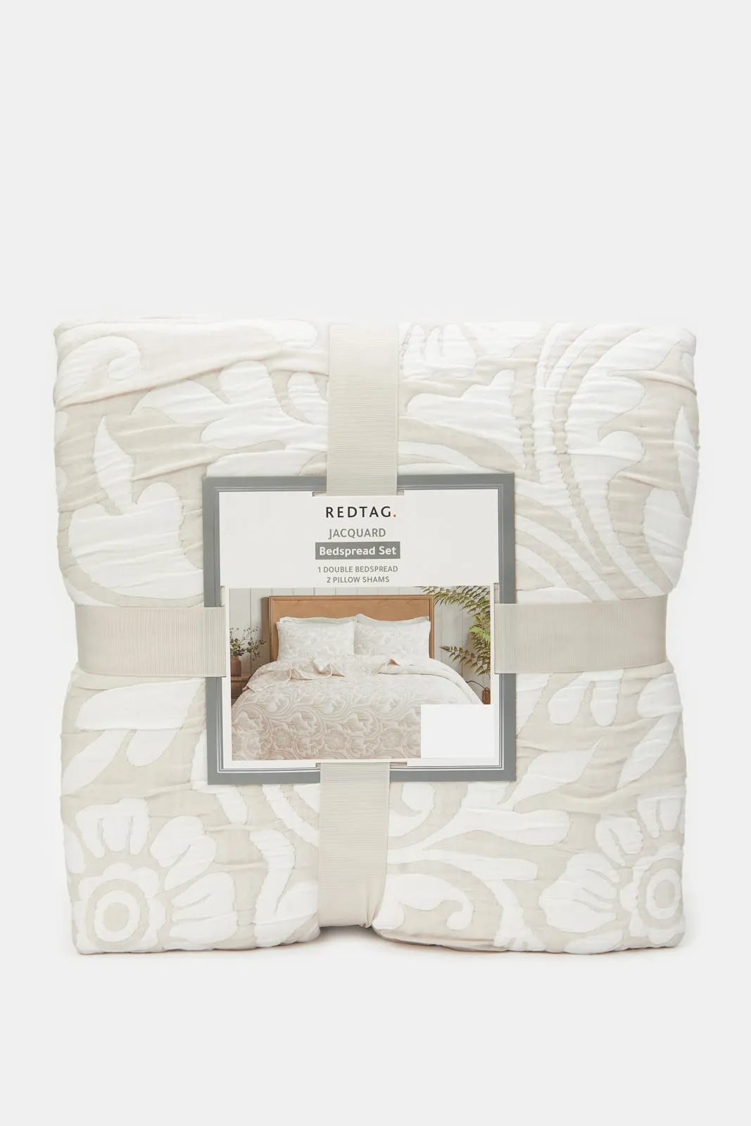 Beige Floral Jacquard Bedspread 3 Piece (Double Size)