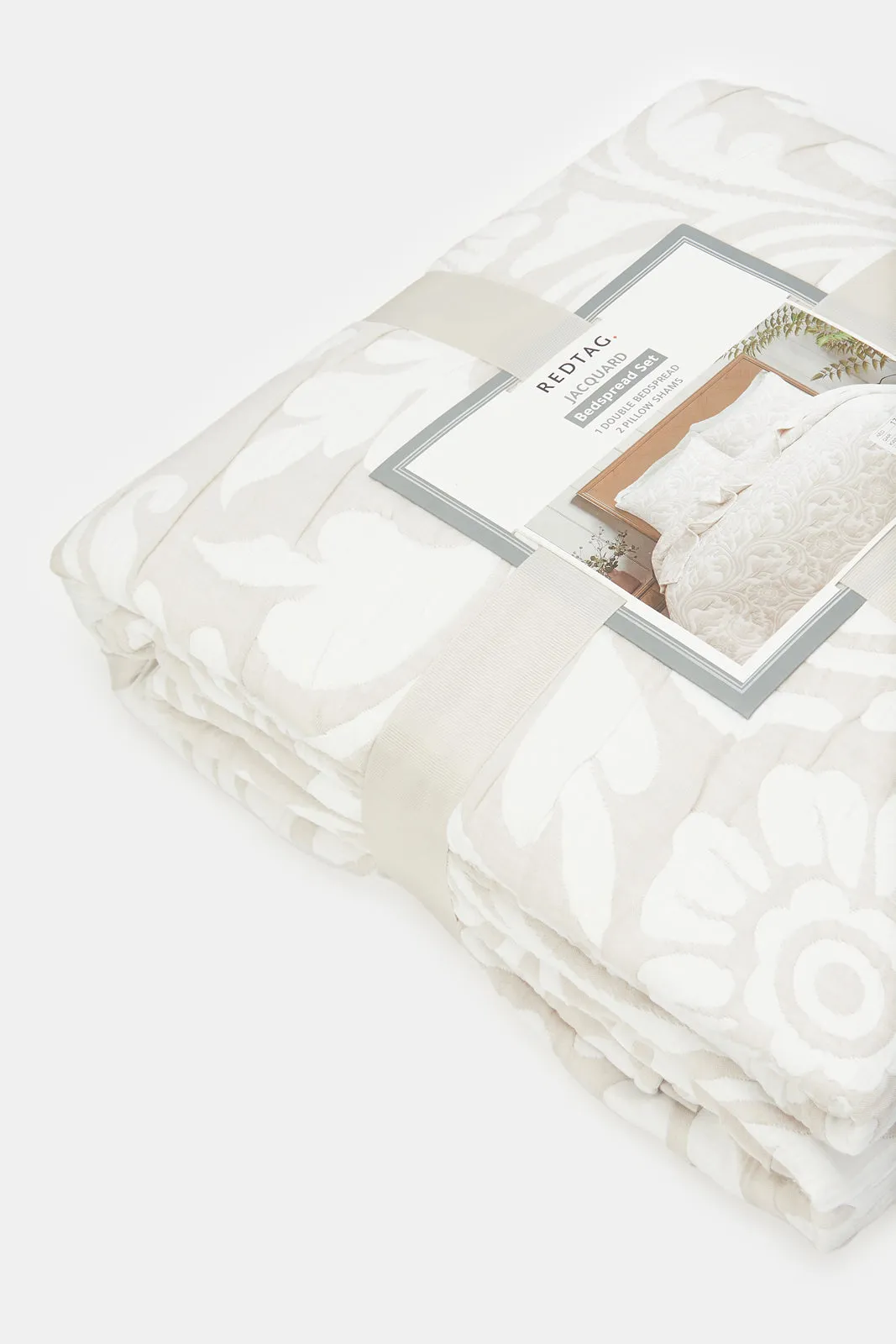 Beige Floral Jacquard Bedspread 3 Piece (Double Size)