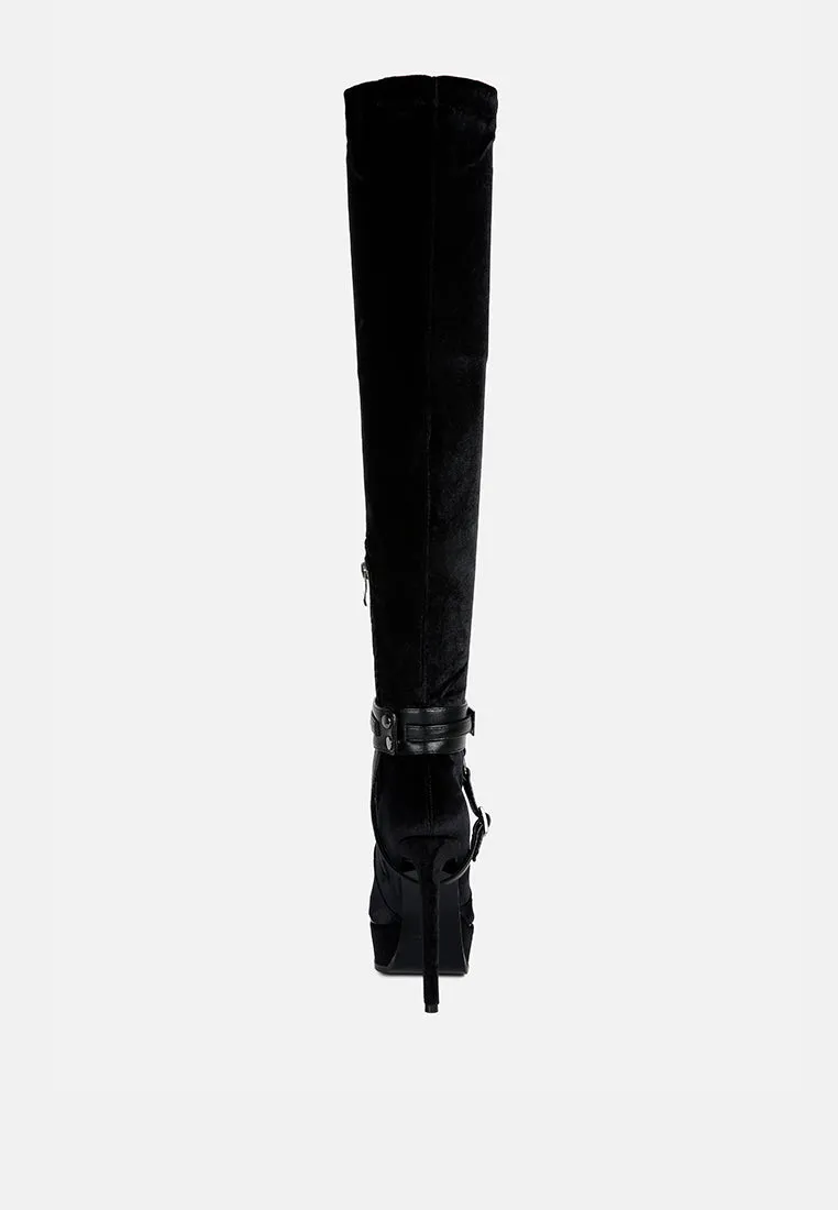 BISON Black High Platform Heeled Long Boots