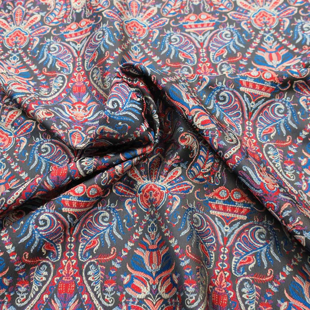 Blue and Red Jacquard Textured Multicolor Brocade Fabric