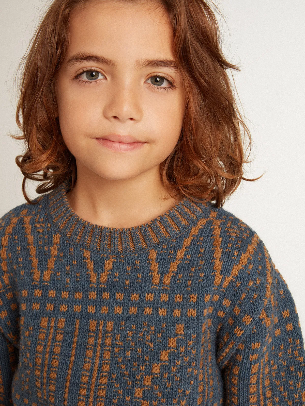 Boys’ round-neck sweater with blue Fair Isle motif