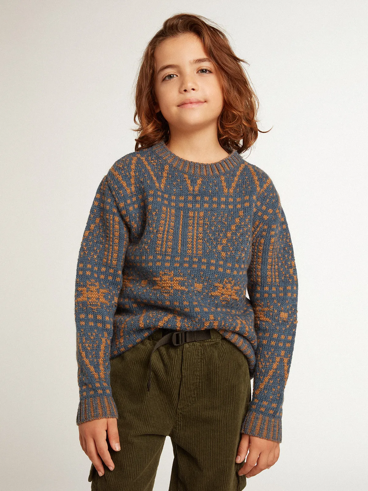 Boys’ round-neck sweater with blue Fair Isle motif