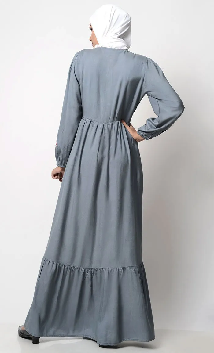 Bright Floral Embroidered Front Open Abaya-Gray