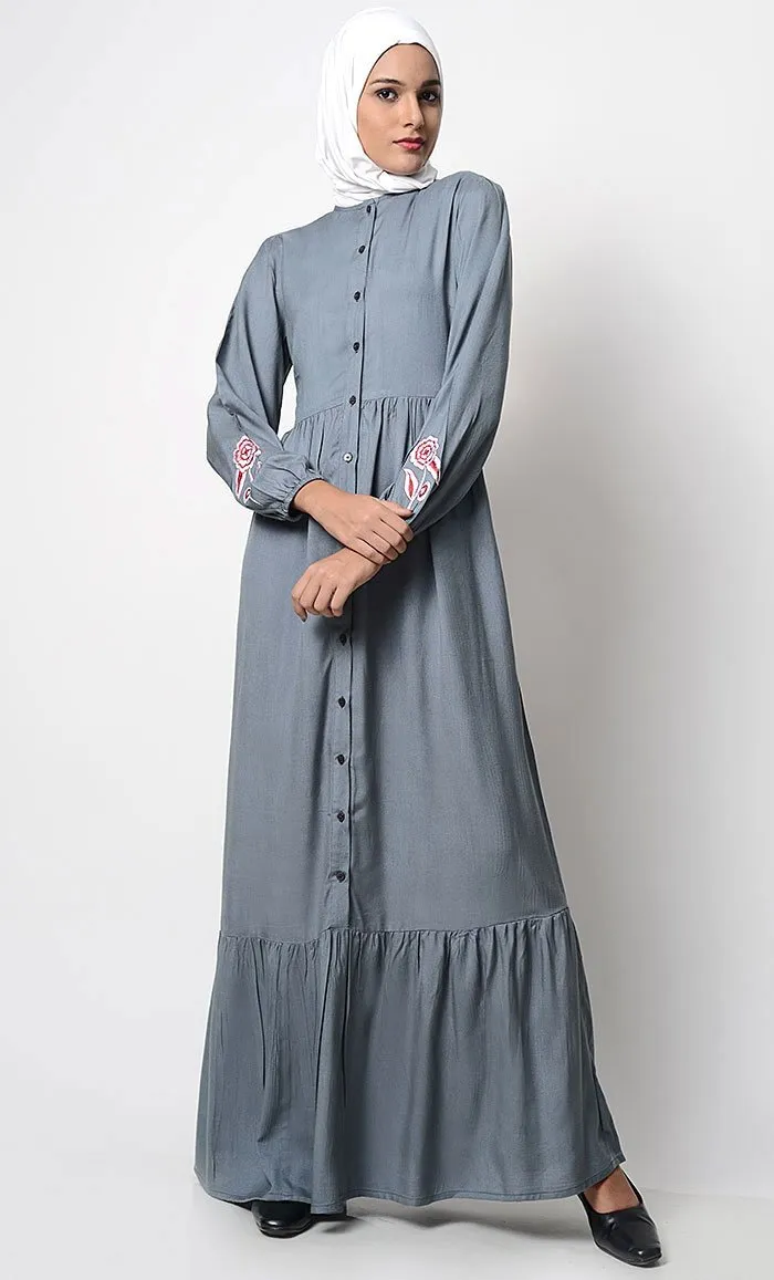 Bright Floral Embroidered Front Open Abaya-Gray