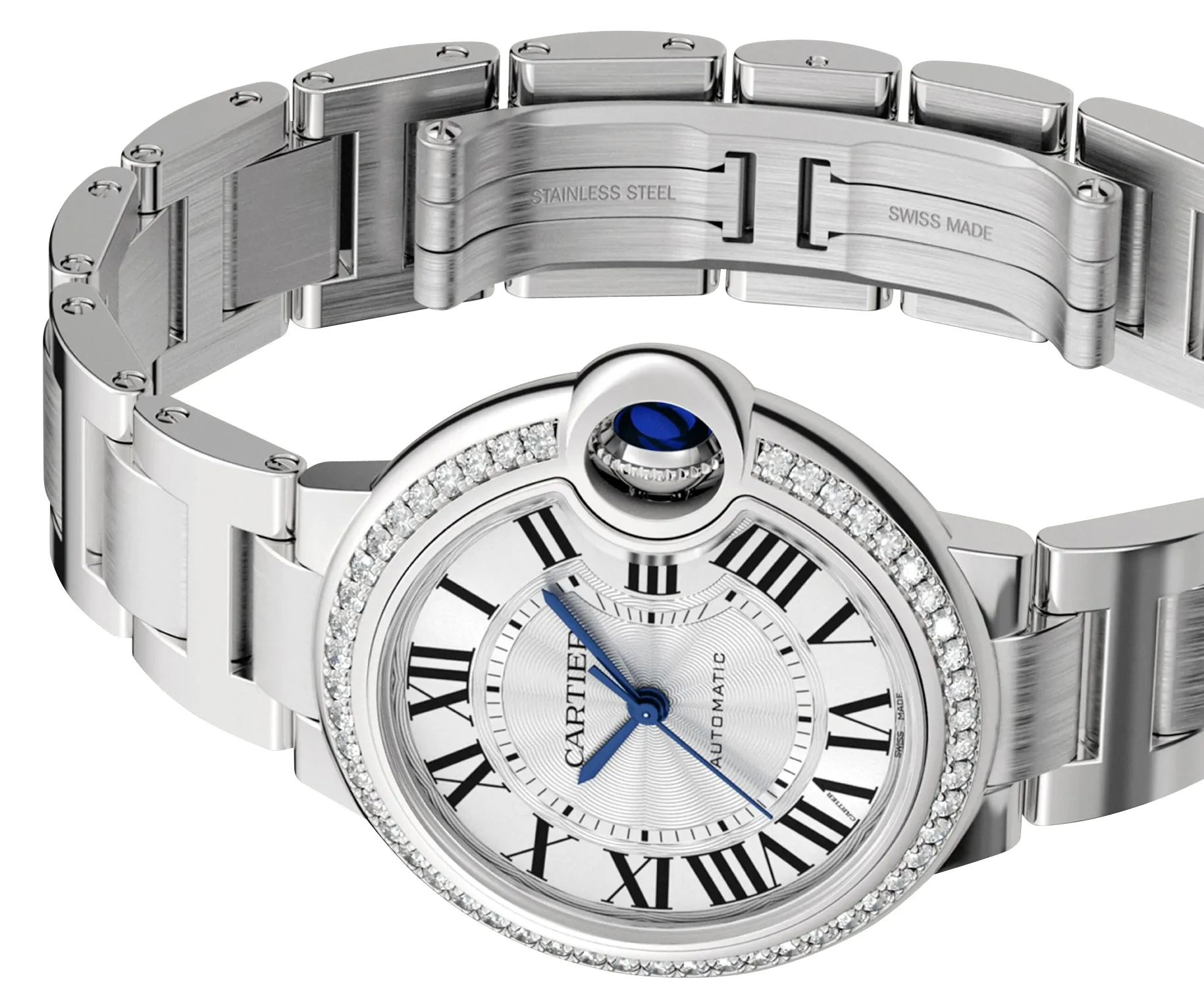 Cartier Ballon Bleu Automatic Stainless Steel Silver-Tone Dial Diamonds Womens Watch W4BB0023