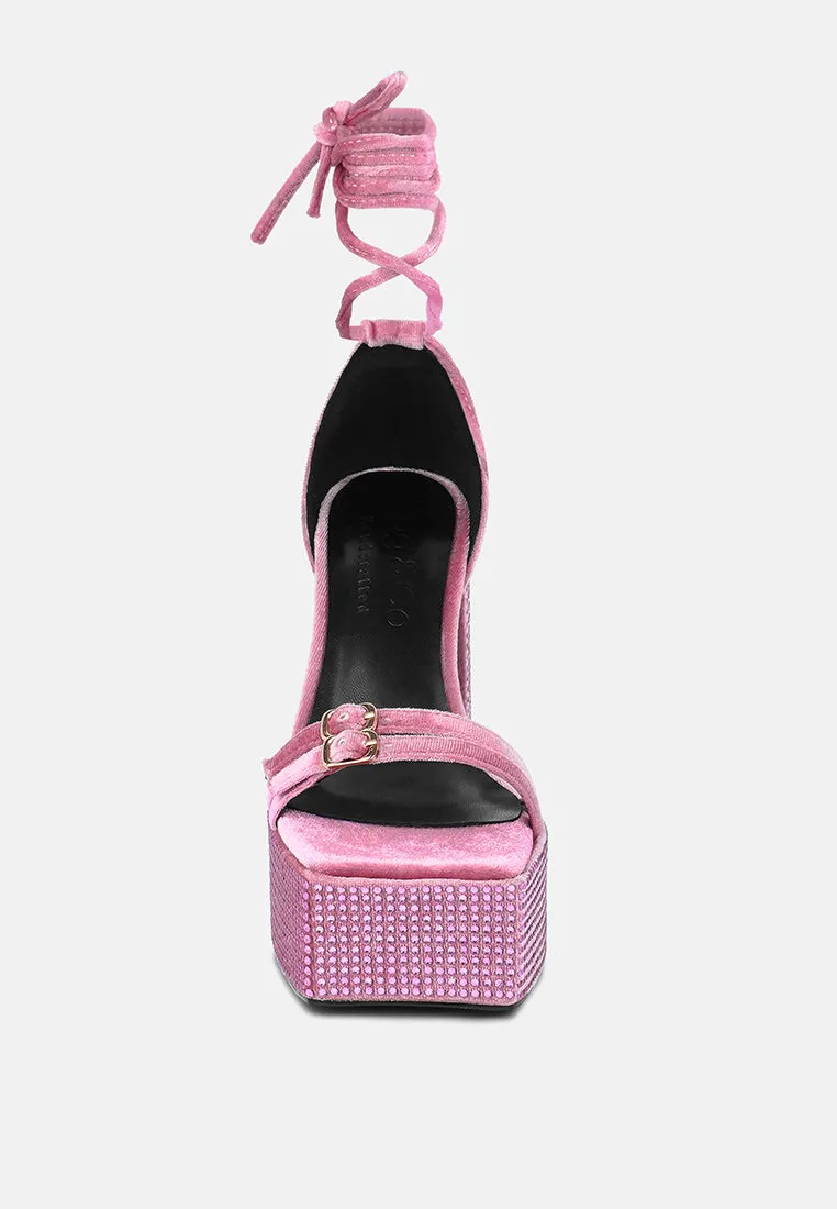 FIRECROWN Pink Rhinestone Platform High Block Sandals