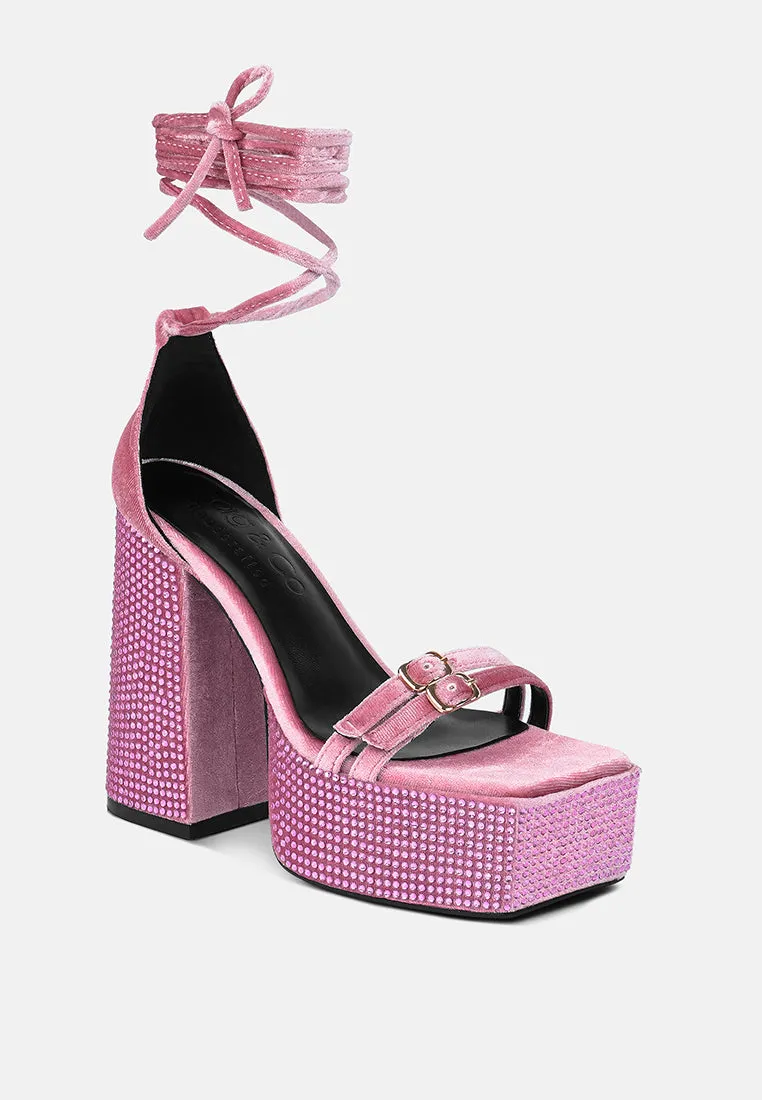 FIRECROWN Pink Rhinestone Platform High Block Sandals