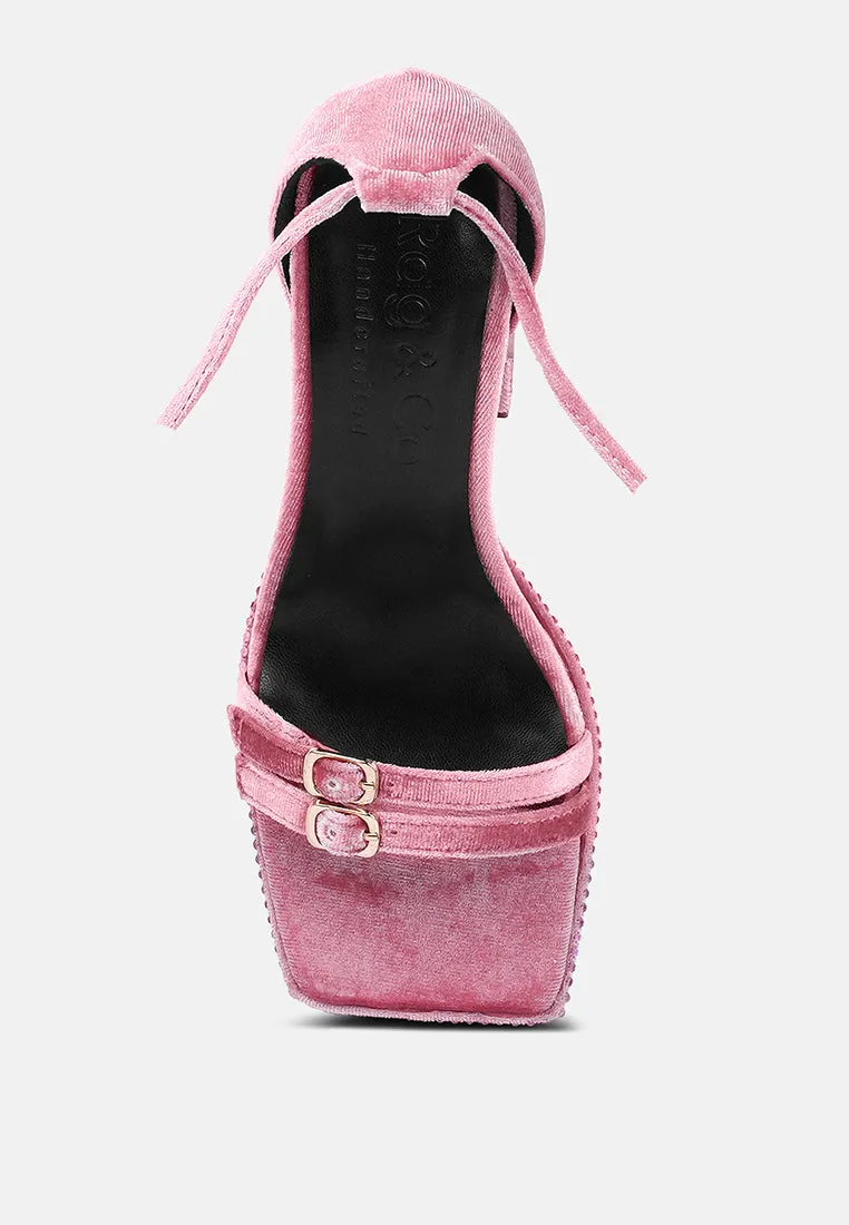 FIRECROWN Pink Rhinestone Platform High Block Sandals