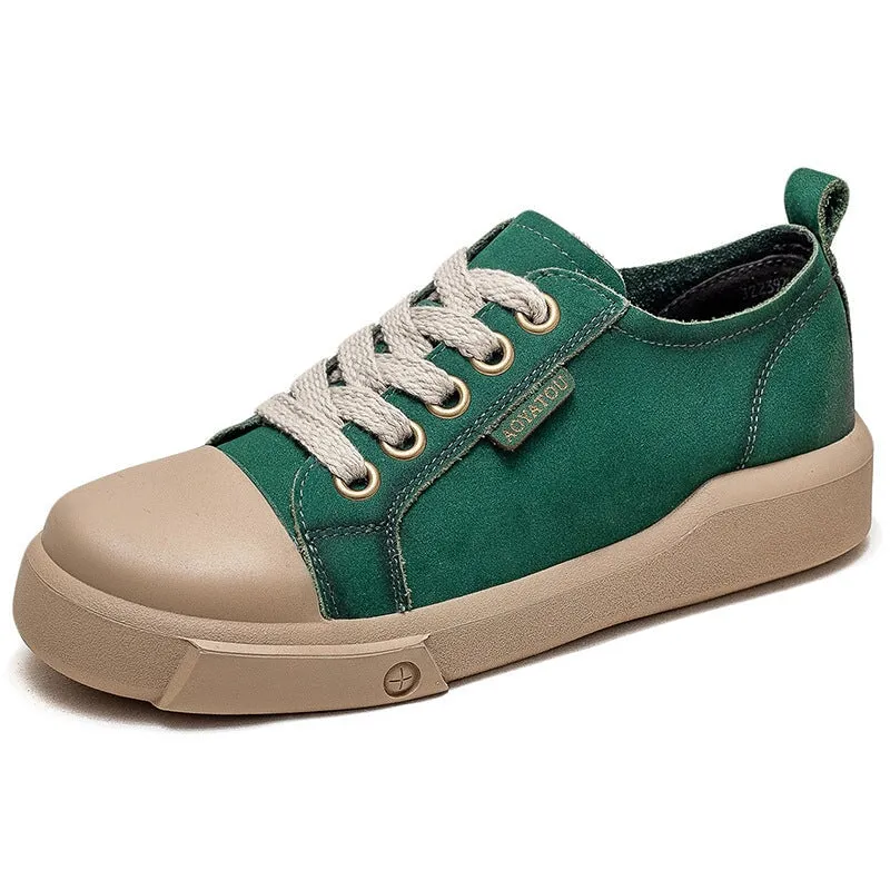 Flat Low Top Leather Sneakers Soft Leather Lace up in Yellow/Grey/Green