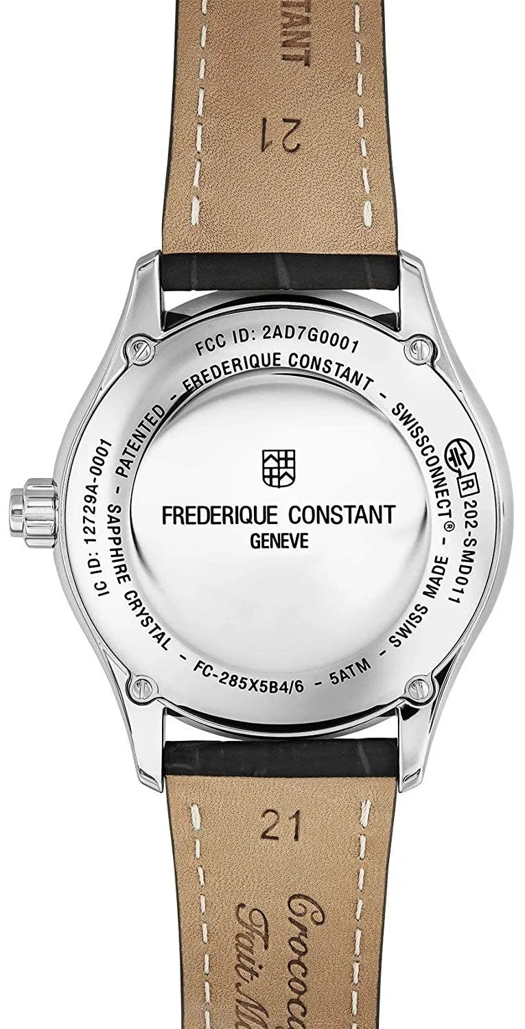 Frederique Constant Horological Smartwatch Stainless Steel White Dial Black Leather Strap Date Quartz Mens Smart Watch FC-285S5B6