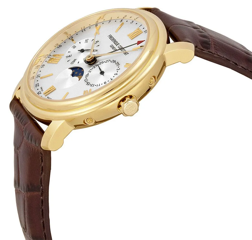 Frederique Constant Persuasion Classics Business Timer Yellow Gold Plated Steel Silver Dial Brown Leather Moonphase Day/Date Quartz Mens Watch FC-270SW4P5