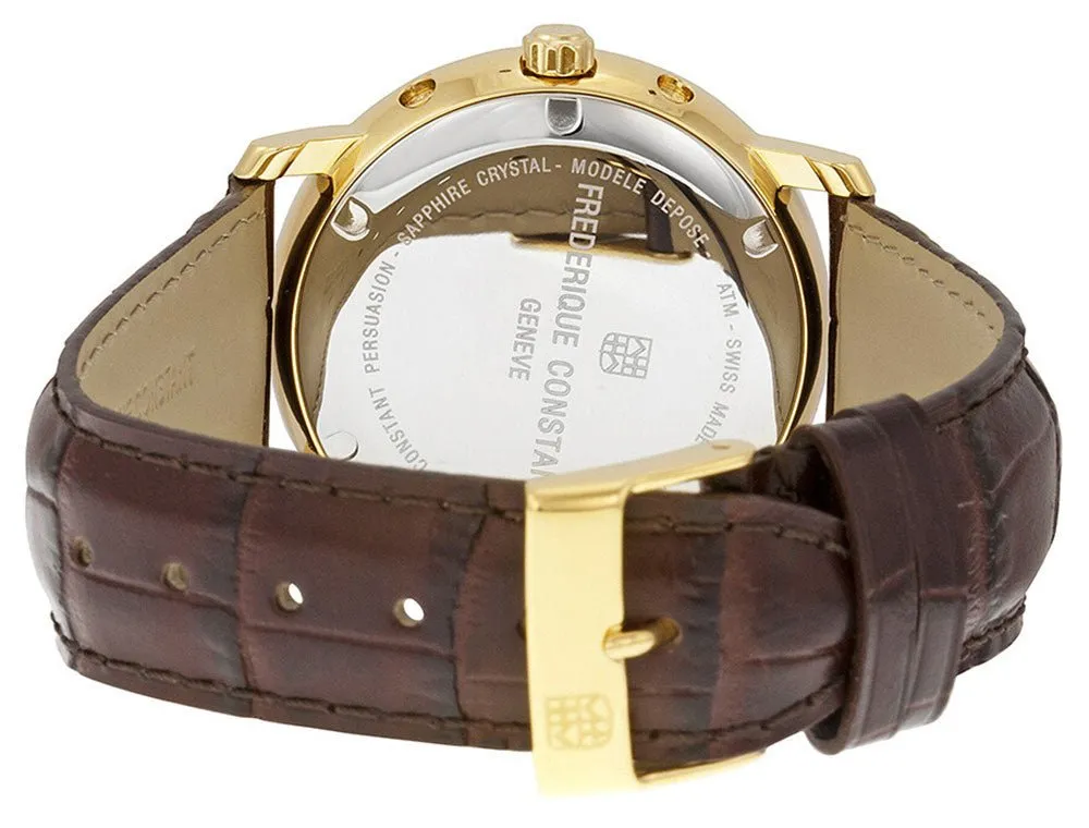 Frederique Constant Persuasion Classics Business Timer Yellow Gold Plated Steel Silver Dial Brown Leather Moonphase Day/Date Quartz Mens Watch FC-270SW4P5