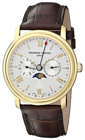 Frederique Constant Persuasion Classics Business Timer Yellow Gold Plated Steel Silver Dial Brown Leather Moonphase Day/Date Quartz Mens Watch FC-270SW4P5