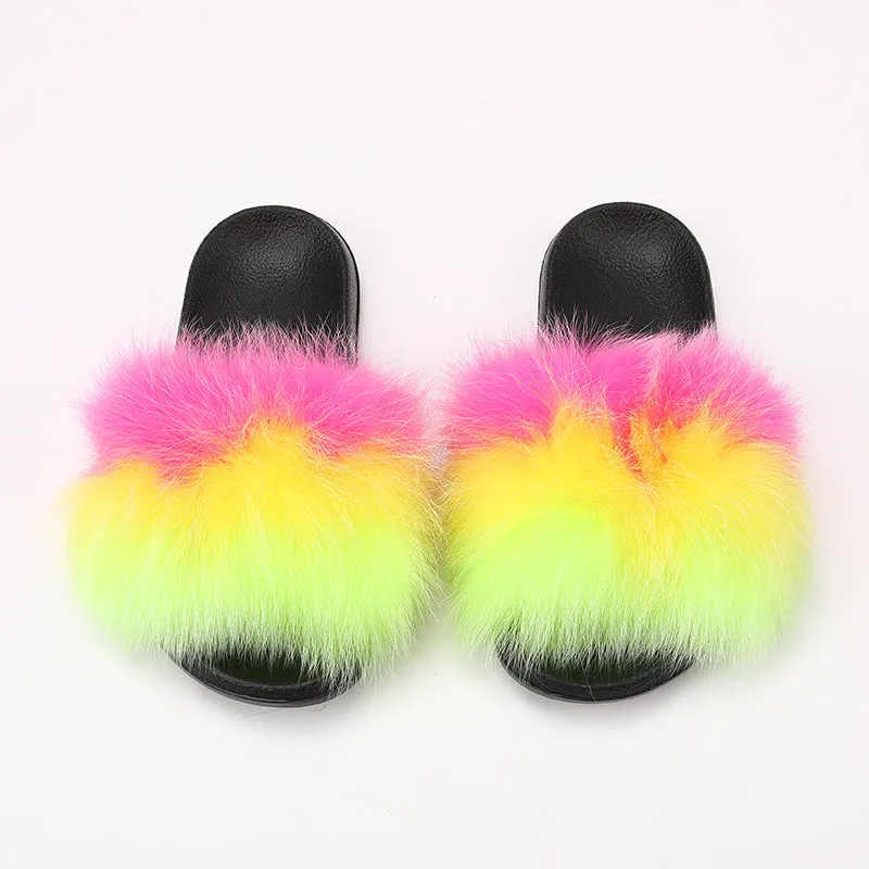 fur slides for women REAL BIG FURRY slippers flush soft raccoon outdoor slider sandals fox fur slipper