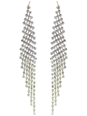 Glamorous Long Dangling Rhinestone Silvertone Earrings