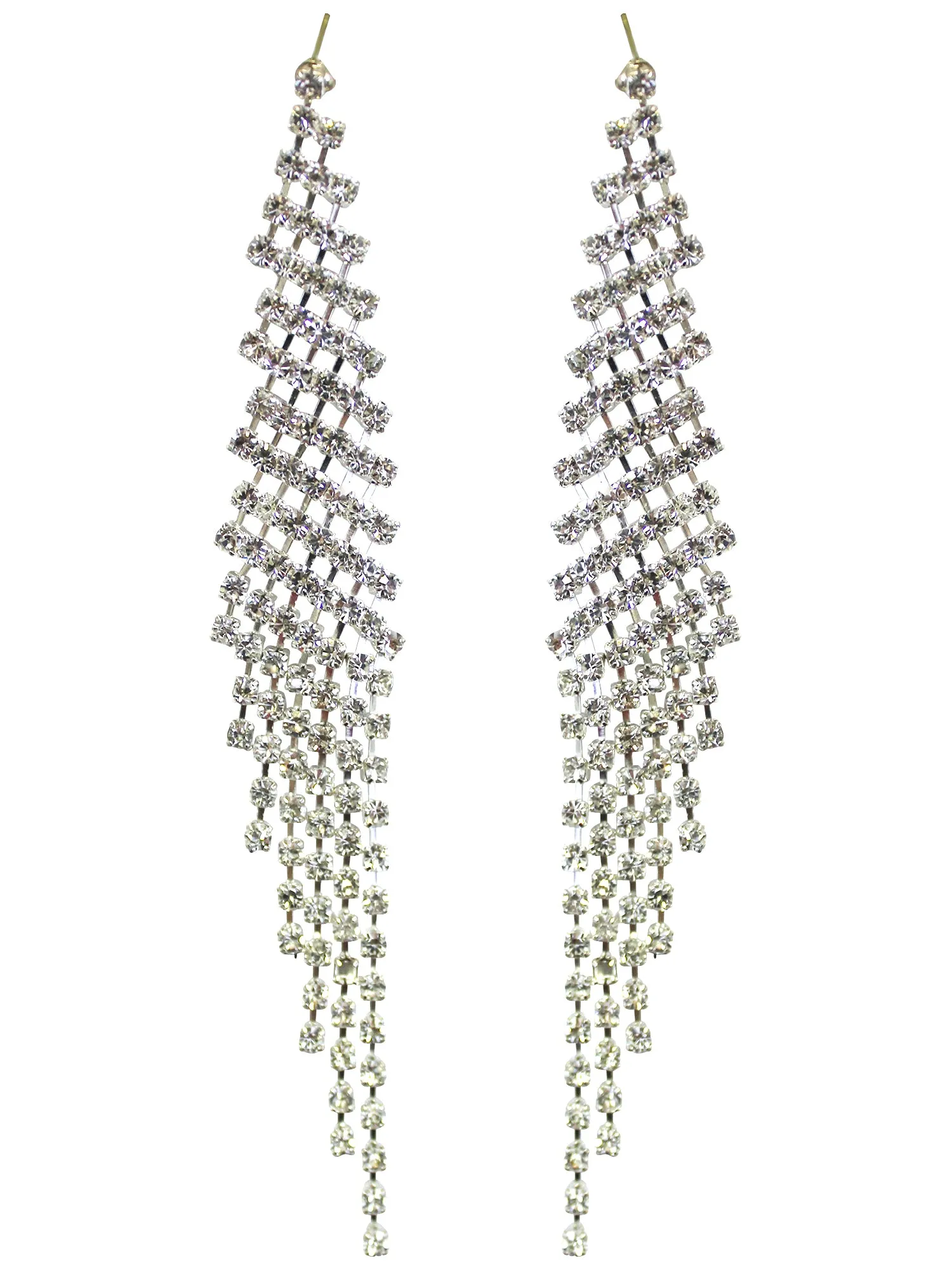 Glamorous Long Dangling Rhinestone Silvertone Earrings