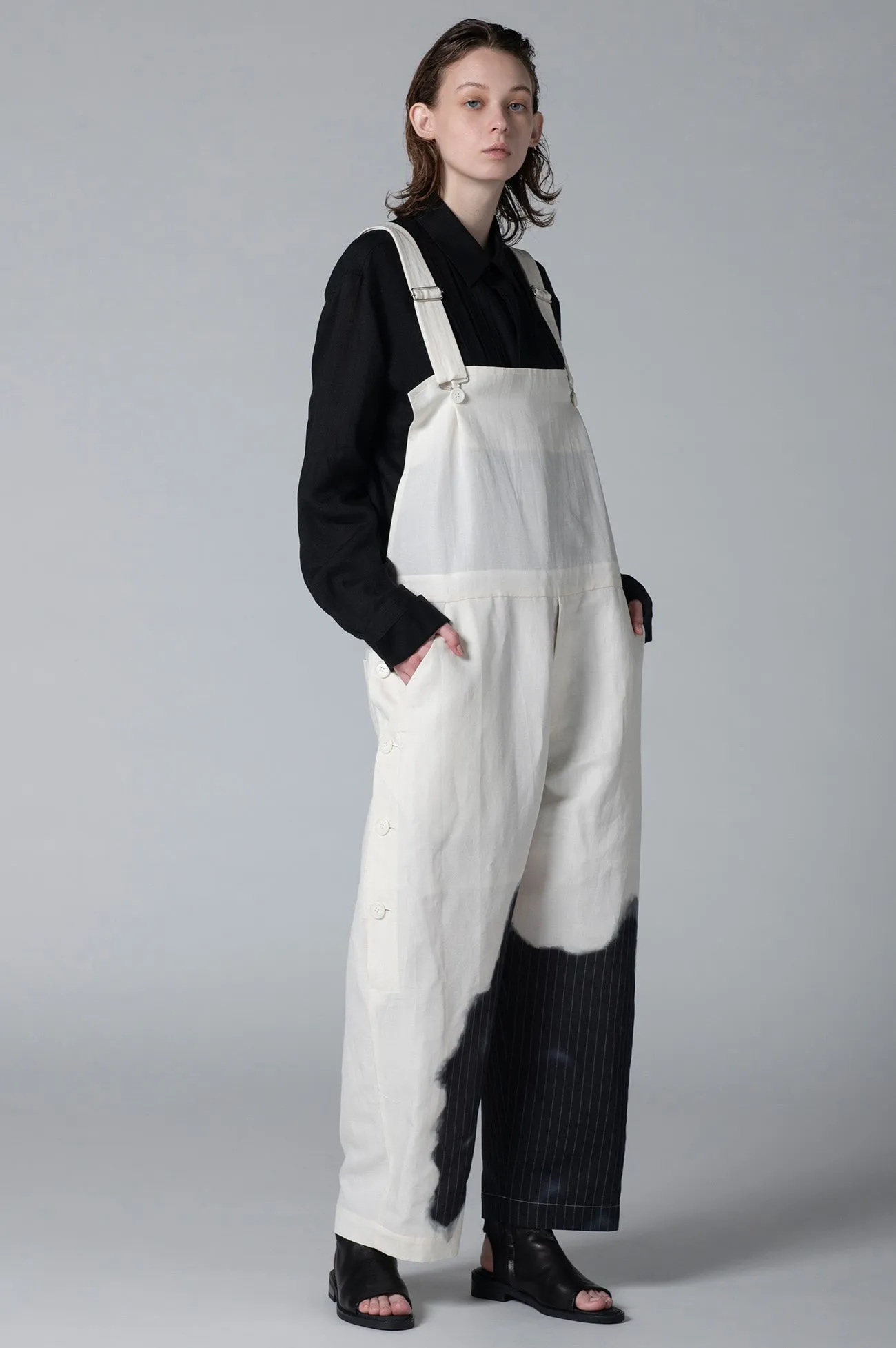 LINEN/COTTON OVERALLS WITH PARTIAL PINSTRIPE PATTERN