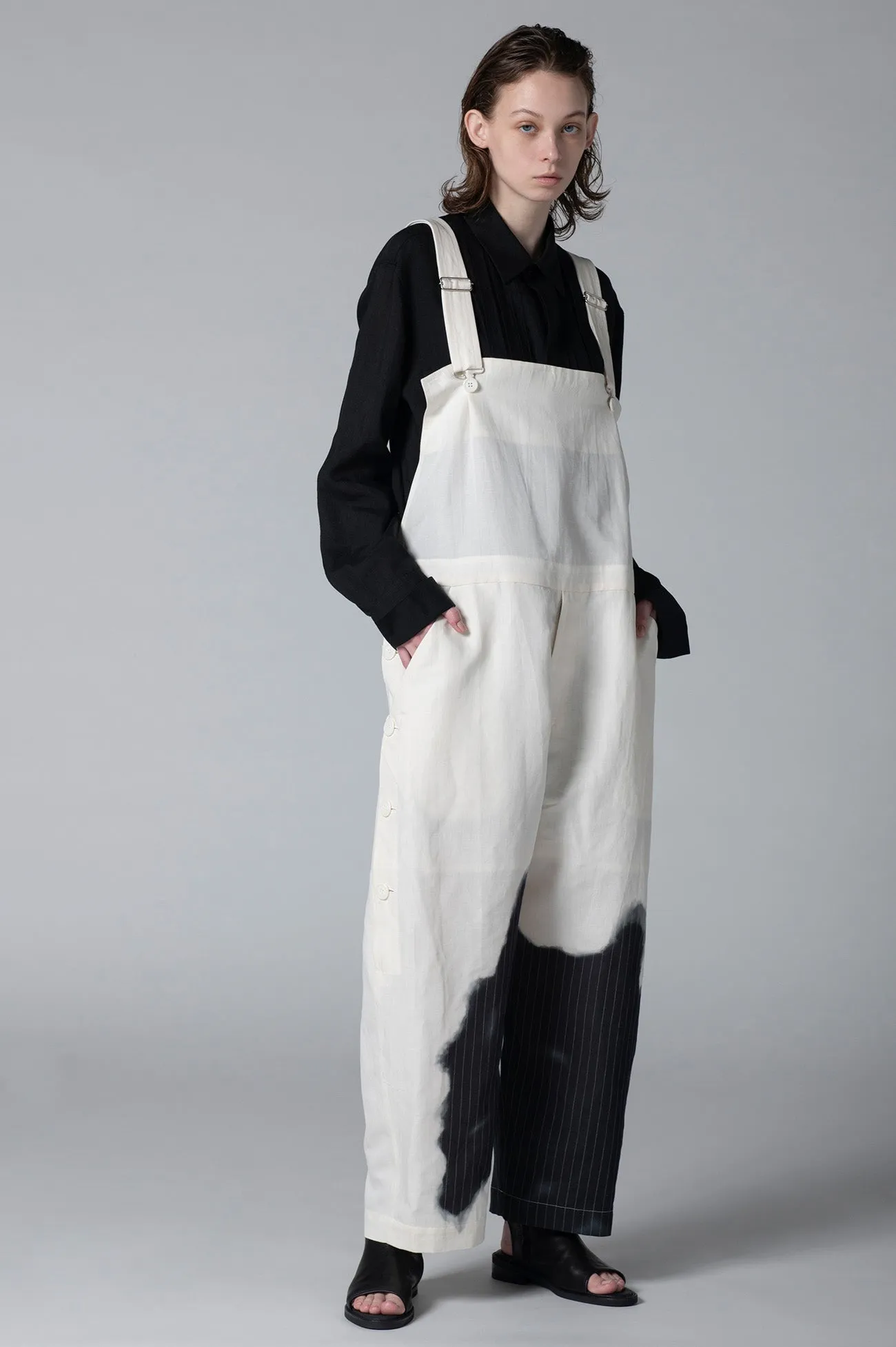 LINEN/COTTON OVERALLS WITH PARTIAL PINSTRIPE PATTERN