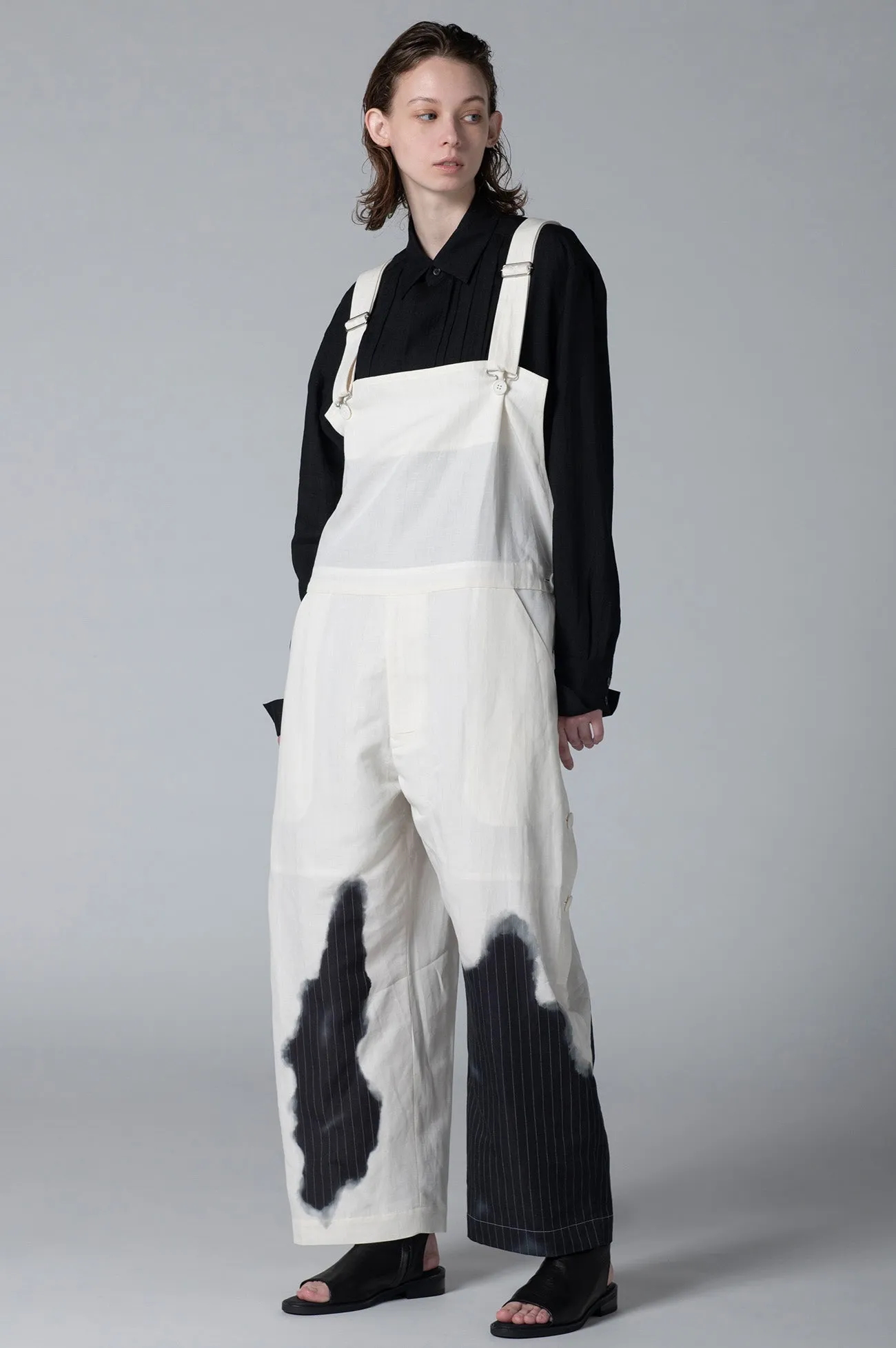 LINEN/COTTON OVERALLS WITH PARTIAL PINSTRIPE PATTERN