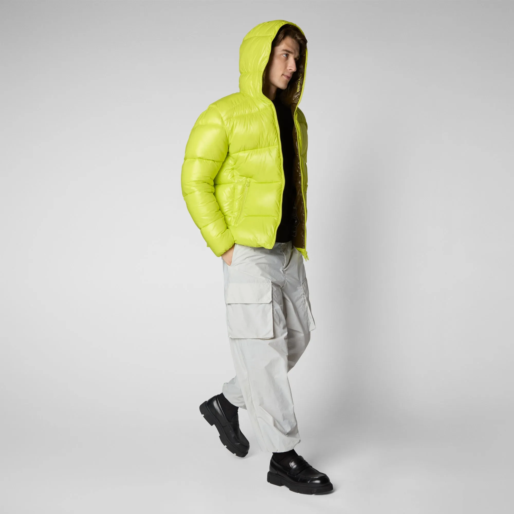 Man's animal free hooded puffer jacket Edgard in lichen green