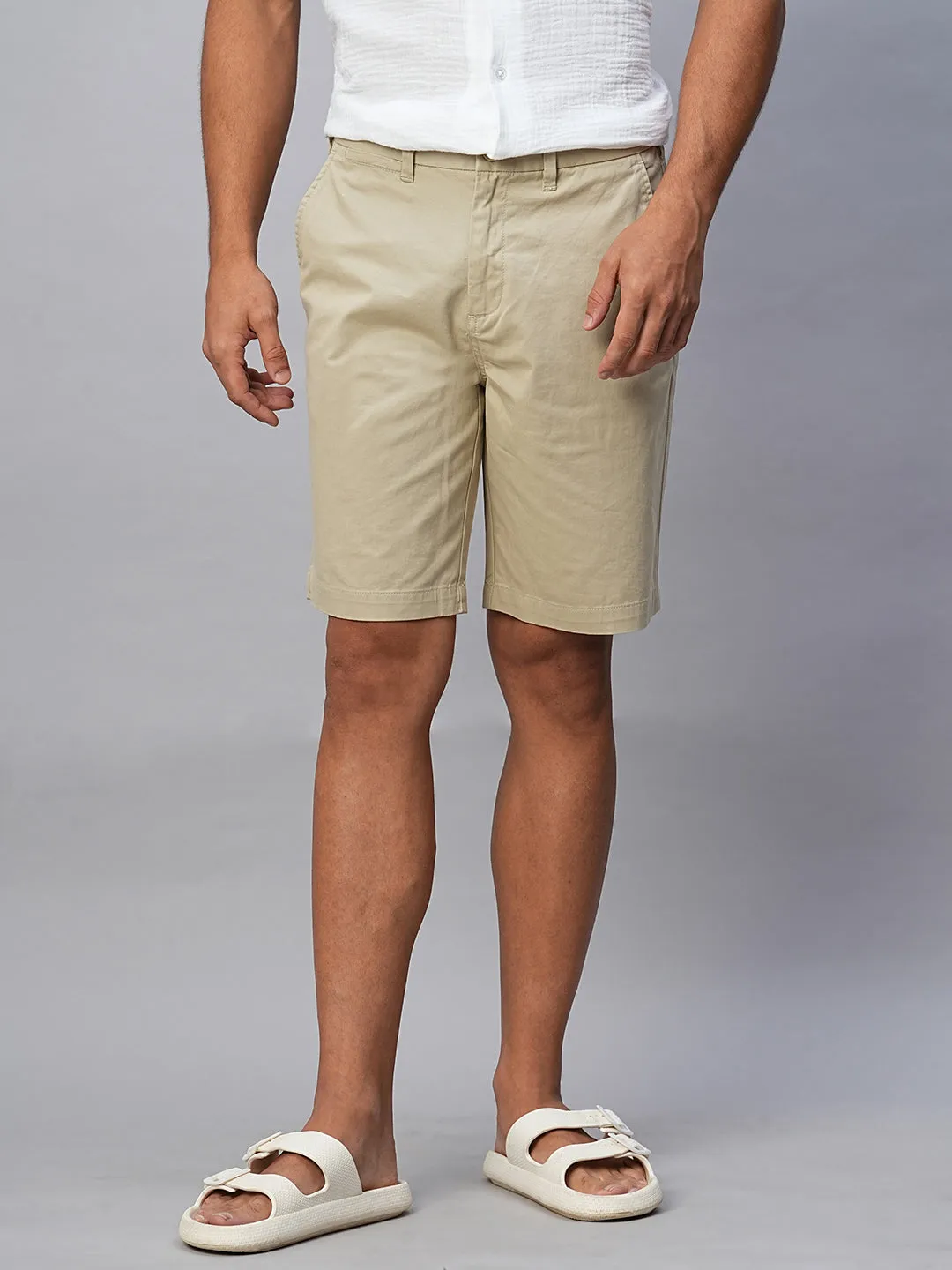 Men's Khaki Cotton Lycra Regular Fit Shorts