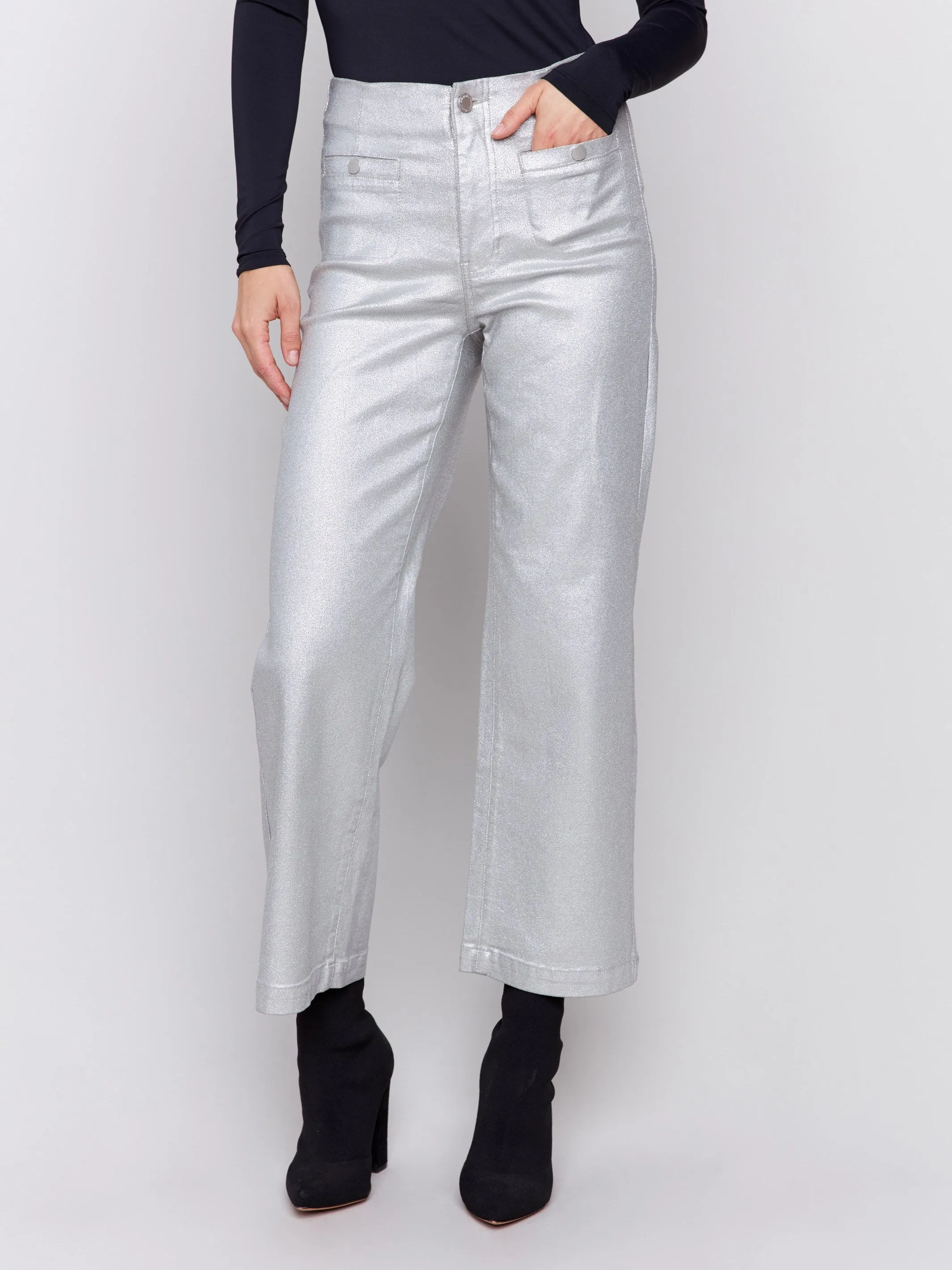 Metallic Wax Flared Pants - Silver