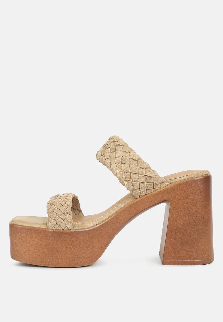 Misaki Woven Suede Strap Platform Sandals in Beige