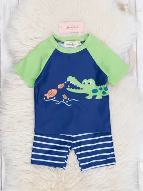 Navy & Lime Alligator Striped Swim Set