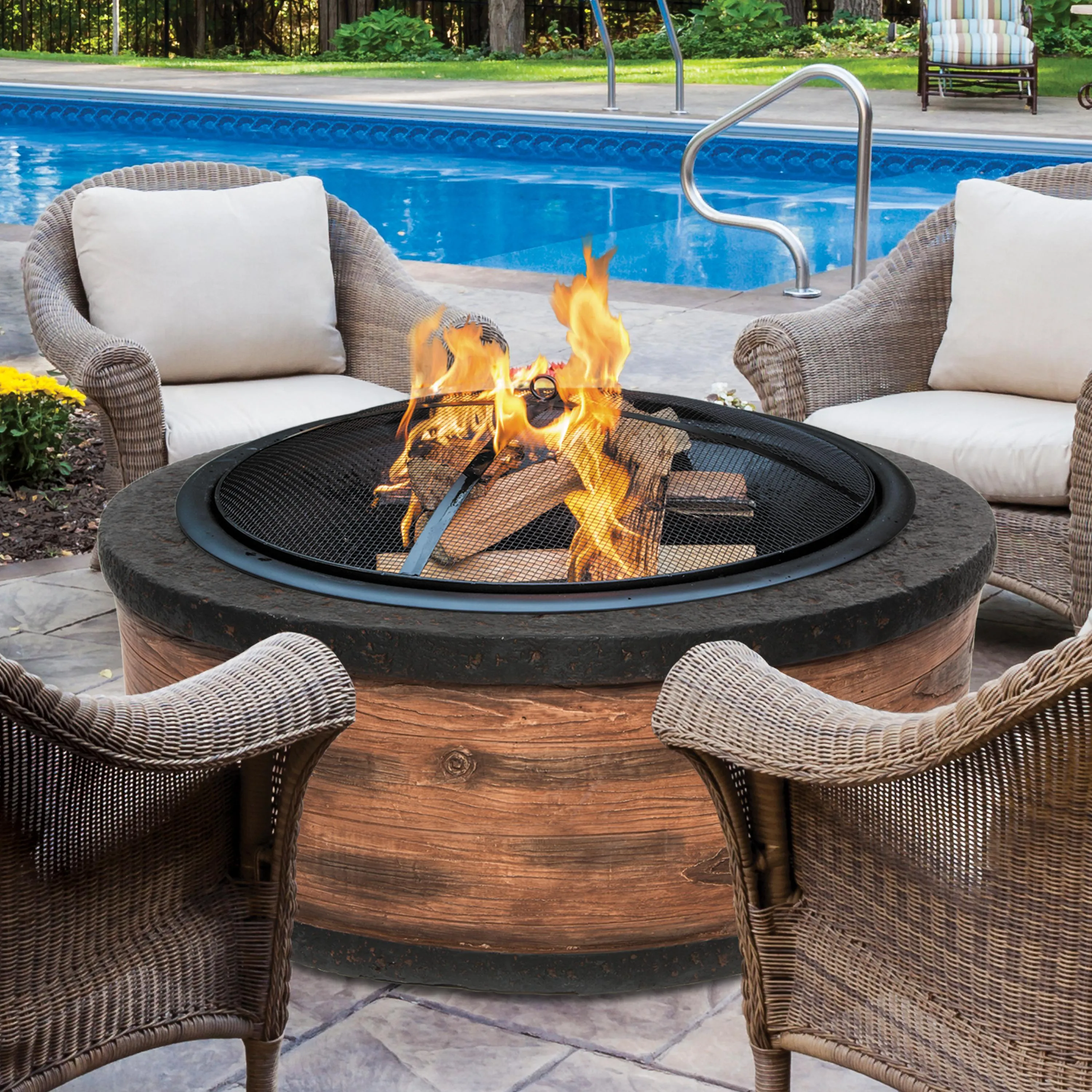 Sun Joe SJFP35-RW-STN 35-Inch Cast Stone Base, Wood Burning Fire Pit w/Dome Screen and Poker, Rustic Wood