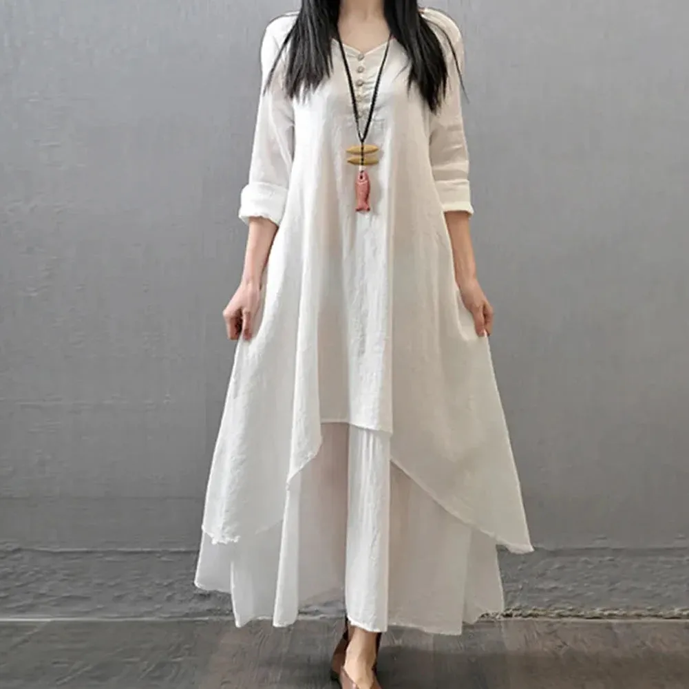 Women Elegant Linen White Dresses Bohemia Layering Vintage Robe Long Sleeve Loose Long Dress Female Autumn Vestidos