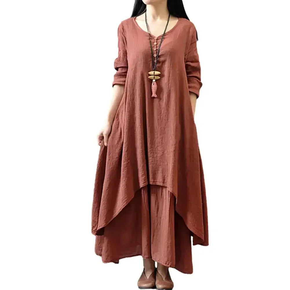 Women Elegant Linen White Dresses Bohemia Layering Vintage Robe Long Sleeve Loose Long Dress Female Autumn Vestidos