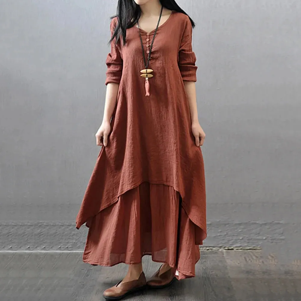 Women Elegant Linen White Dresses Bohemia Layering Vintage Robe Long Sleeve Loose Long Dress Female Autumn Vestidos