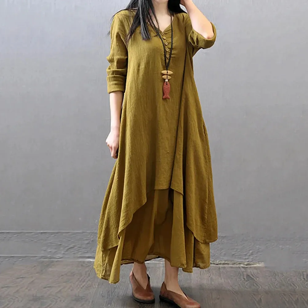 Women Elegant Linen White Dresses Bohemia Layering Vintage Robe Long Sleeve Loose Long Dress Female Autumn Vestidos