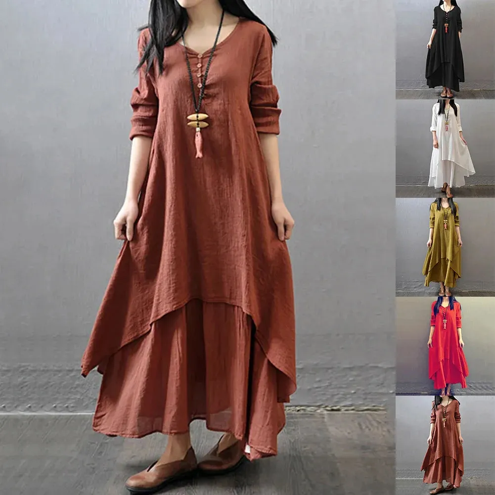 Women Elegant Linen White Dresses Bohemia Layering Vintage Robe Long Sleeve Loose Long Dress Female Autumn Vestidos