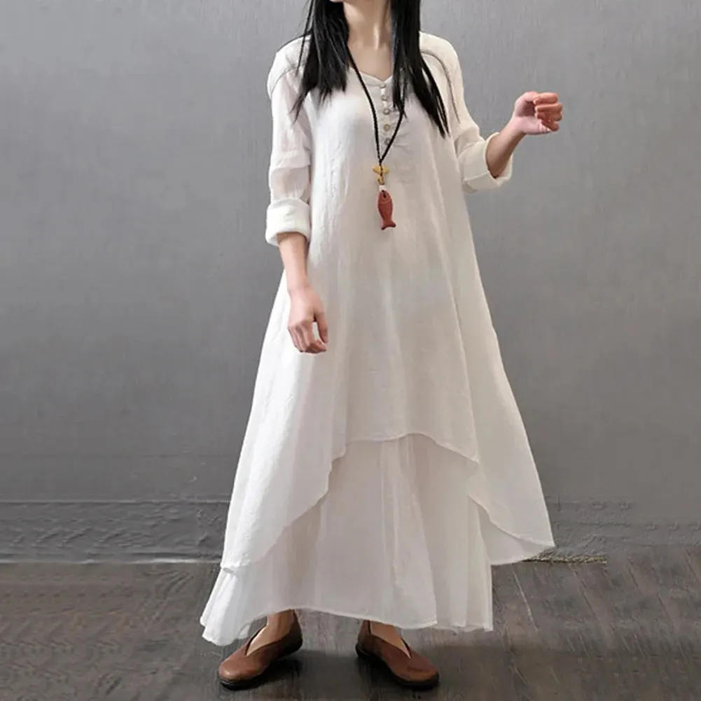 Women Elegant Linen White Dresses Bohemia Layering Vintage Robe Long Sleeve Loose Long Dress Female Autumn Vestidos