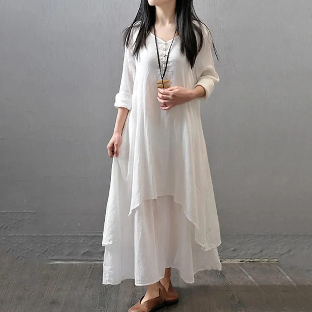 Women Elegant Linen White Dresses Bohemia Layering Vintage Robe Long Sleeve Loose Long Dress Female Autumn Vestidos